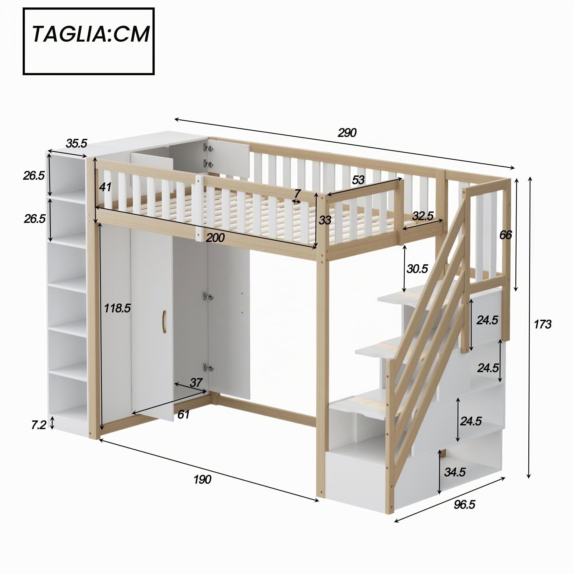 Azkoeesy Letto a soppalco singolo 90x200 cm - scala sicura/spazio di archiviazione/armadio/libreria/scrivania sul letto superiore - legno di pino - per bambini e ragazzi (naturale)
