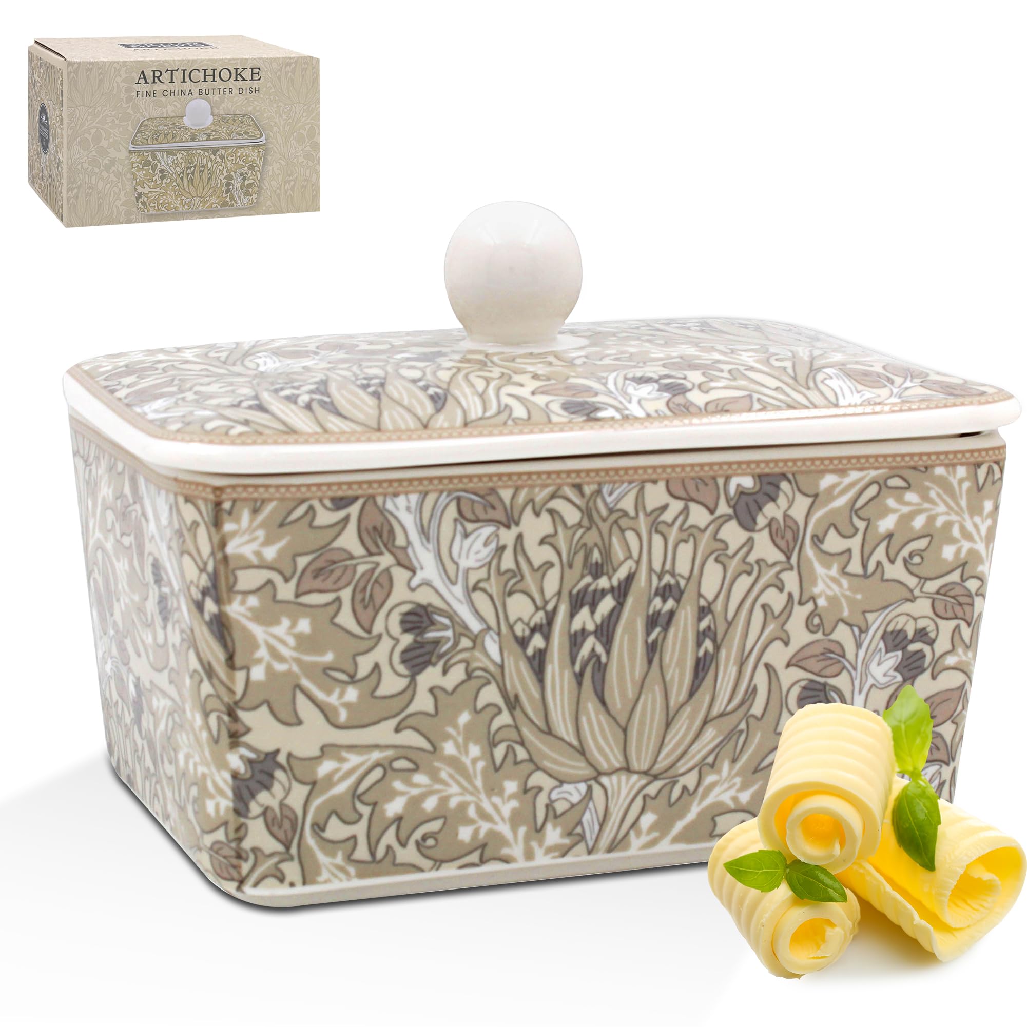 The Leonardo Collection Beige William Morris Artichoke Butter Dish For Kitchen & Home | Dishwasher Safe Butter Dish With Lid For Keep Butter Fresh | Durable Bpa-Free Butterdish For Butter Storage