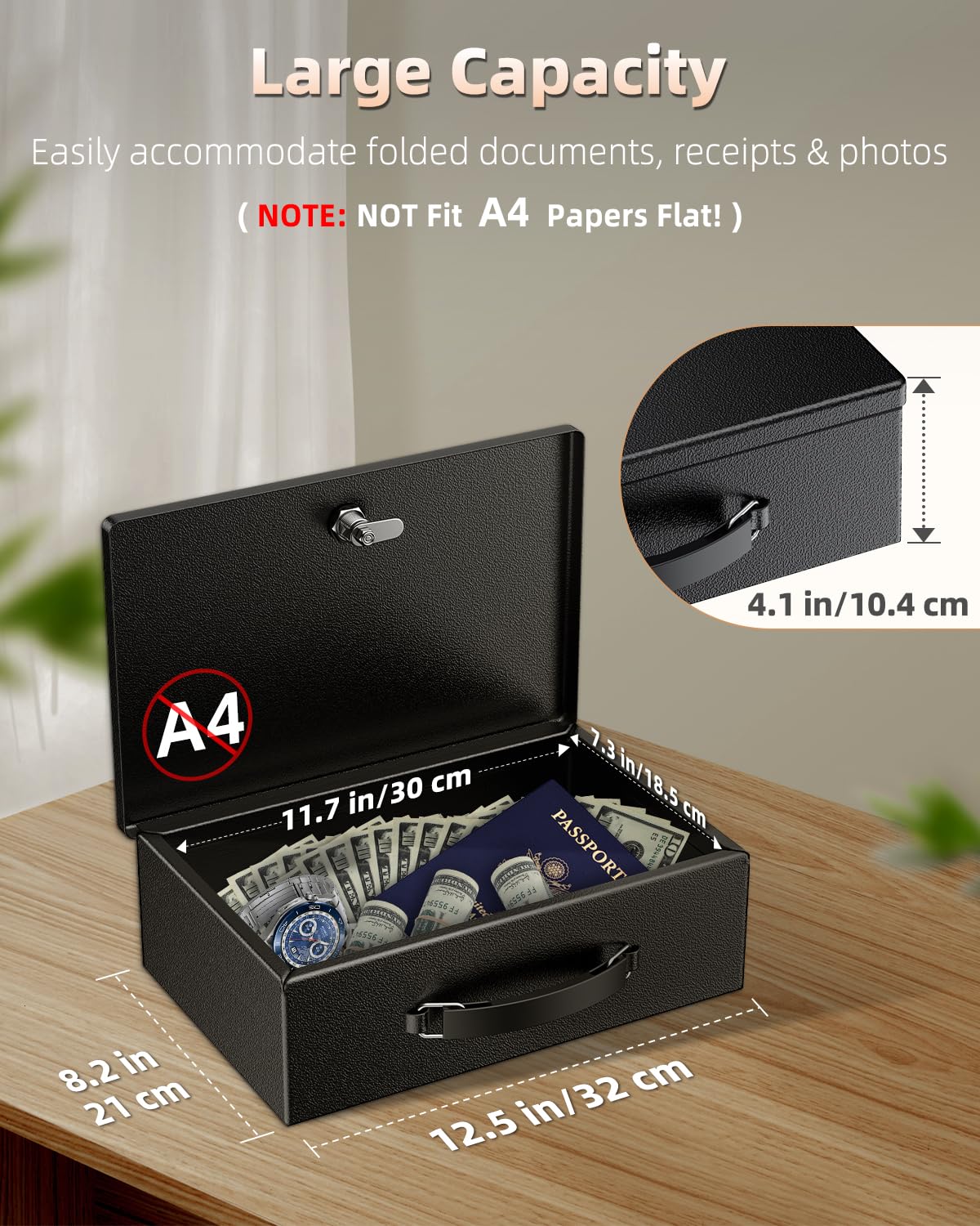 Uniclife Boîte à documents ignifuge avec clé et poignée de transport - Grande boîte de sécurité pour documents - Coffre-fort étanche pour objets de valeur, passeports, argent liquide - Armoire en