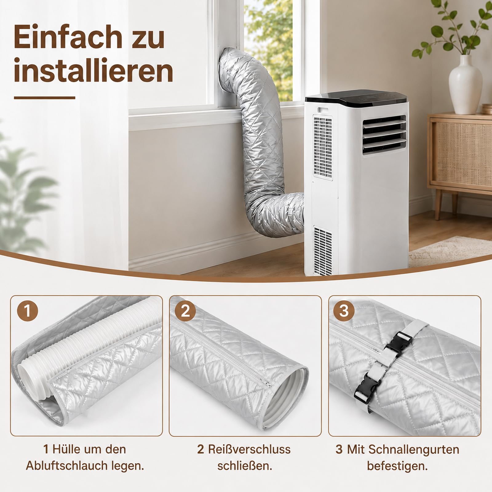 2er Set Mobiles Klimaanlagen Schlauchschutz Hülle mit Reißverschluss & 4 Schnallen, 149x58.5 cm Silber Isolierung für Abluftschlauch 13-15 cm (5-5.9 Zoll), Universeller Klimaschlauch Staubschutz