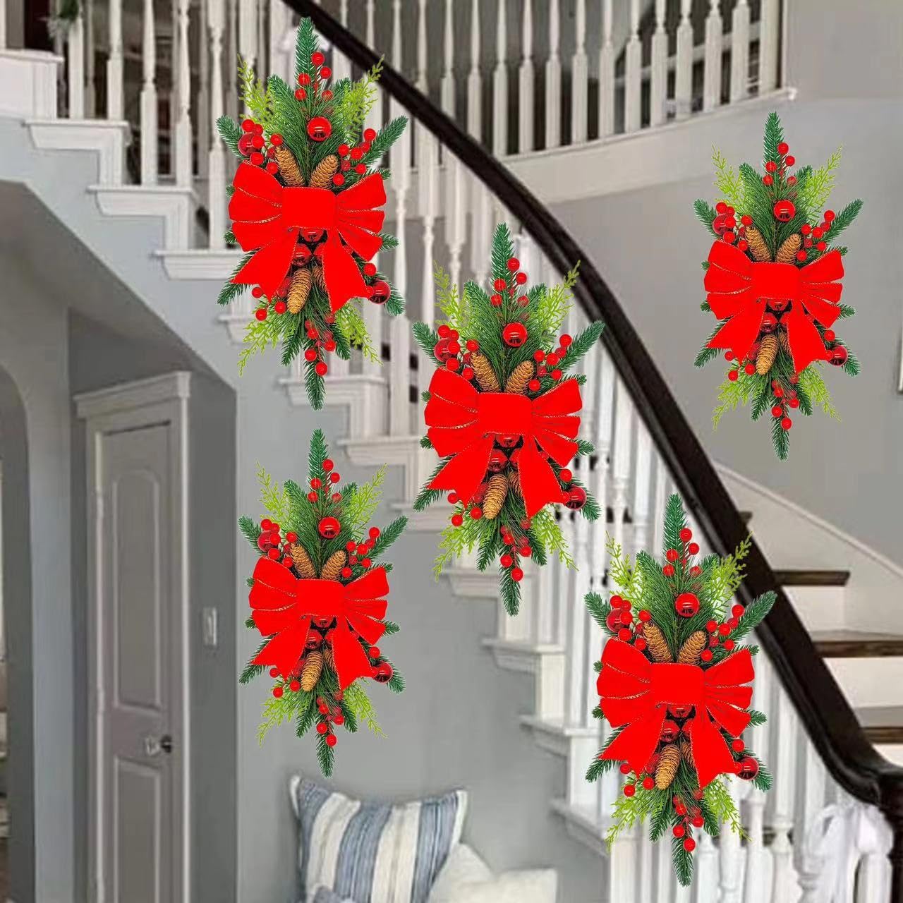 2 Goldene Weihnachtsgirlanden Mit Lichtern – Je Ca. 60 Cm, Mit Roten Schleifen & Beeren, Für Tür, Treppe & Fensterdekoration