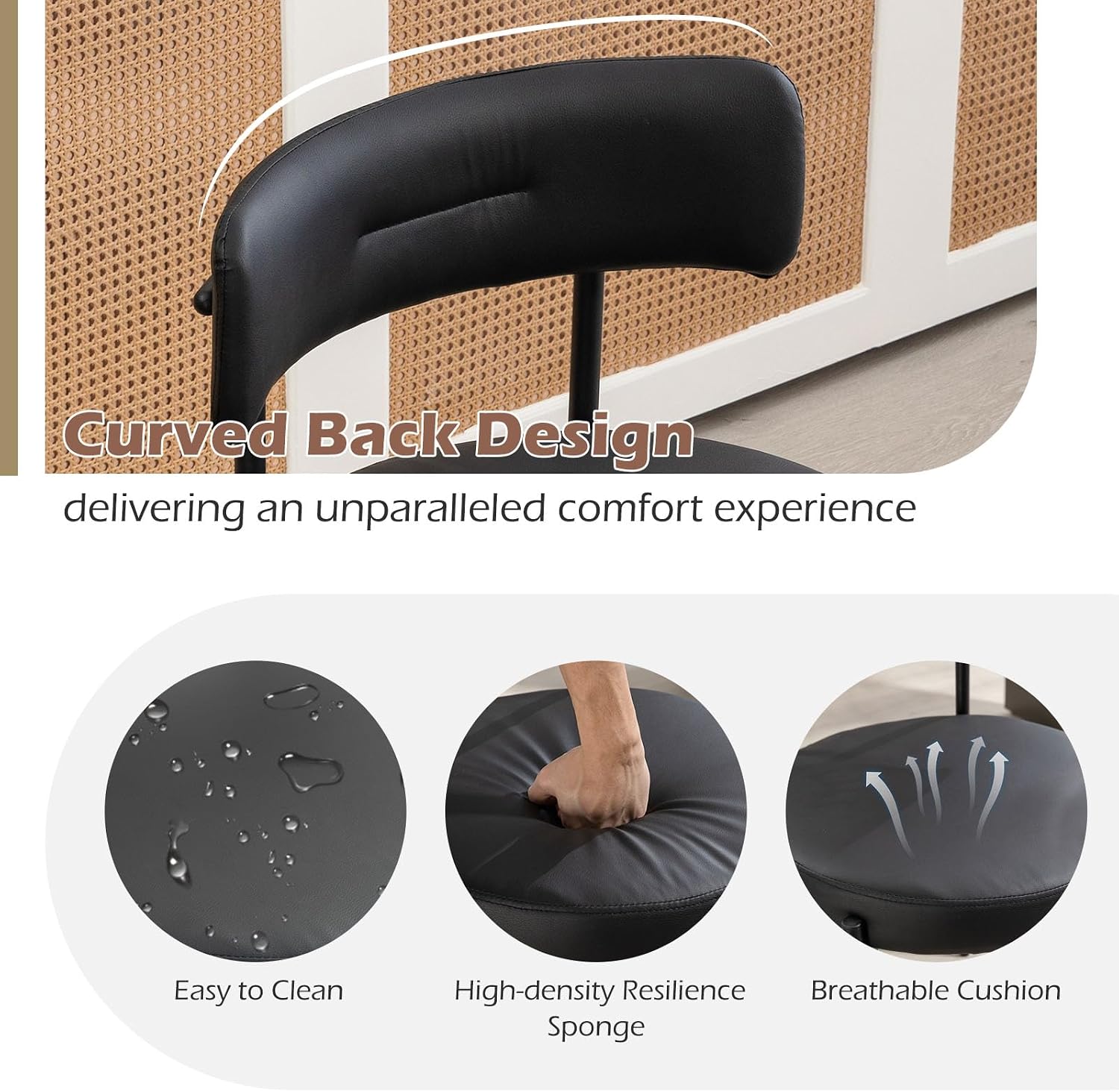 AVAWING Black Faux Leather Dining Chairs Set of 2, Modern Upholstered Kitchen Chairs with Metal Legs and Curved Backrest, Round Dining Room Chairs for Dining Room and Kitchen