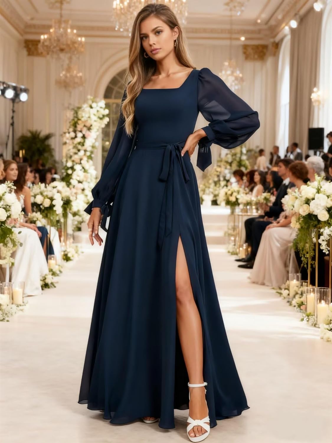 Square Neck Bridesmaid Dresses Long Sleeves Chiffon Peach Pink Prom Dress with Slit for Women 2026 A Line Wedding Guest Dress US Size 14