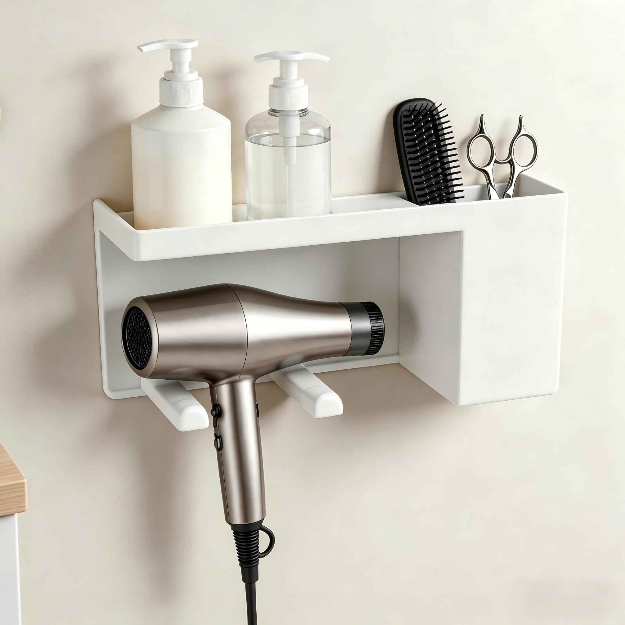 Winsegom No Drilling Hair Dryer Holder, Wall Mounted Hairdryer Organizer with Storage Shelf, Adhesive Blow Dryer Rack, Bathroom Hair Styling Care Tools Organizer for Bathroom, Dressing Room (White)