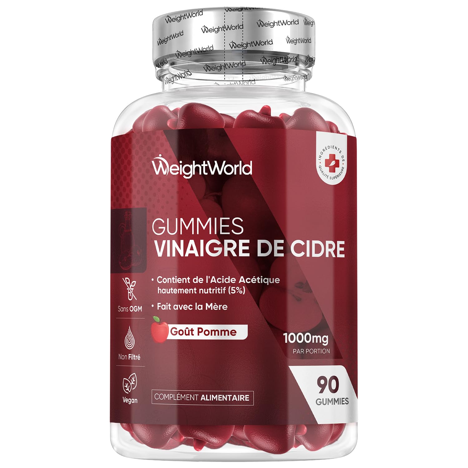 Gummies Vinaigre de Cidre avec la Mère 1000mg, 90 Gummies Keto & Vegan pour 45 Jours, Alternative au Morosil, Vinaigre de Cidre de Pomme Complexe Enrichi en Vitamine C, B6, B9, B12 et Betterave