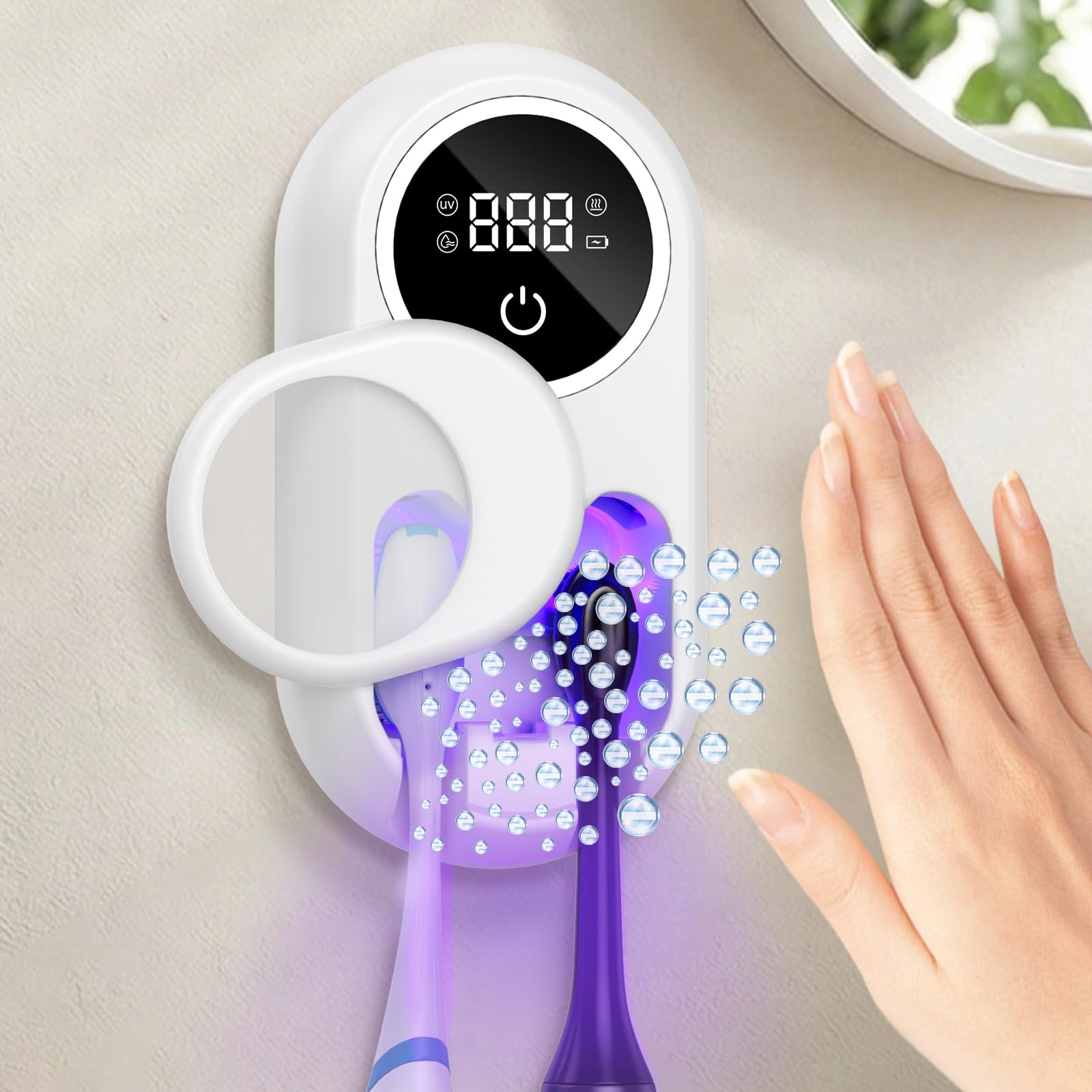 Soporte desinfectante para cepillo de dientes montado en la pared con modo dual de limpieza y secado al aire, cubierta inductiva automática, batería recargable de larga duración, soporte