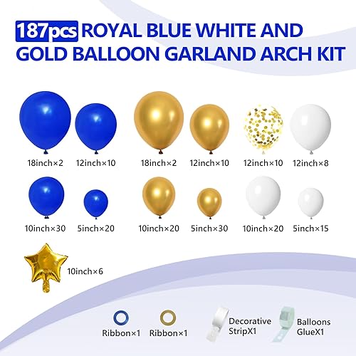 Miniatura 2 de Kit de guirnalda de arco de 187 globos azul real y dorado, 5, 10, 12, 18 pulgadas, globos azul rey y blanco dorado con globos de lámina dorada para