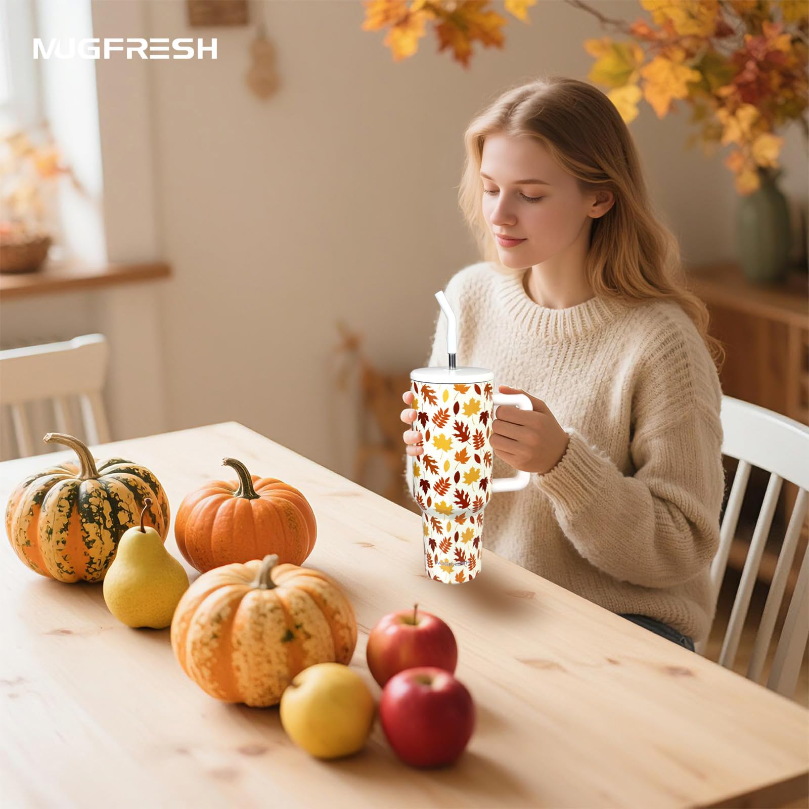 Whaline 40oz Fall Tumbler With Handle – Autumn Pumpkin Design, Stainless Steel, Insulated For Hot & Cold Drinks - View #9
