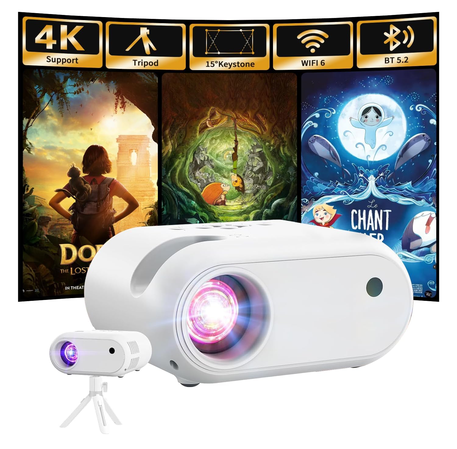 Mini Projector with Tripod 1080p Support WiFi Bluetooth Portable Projector, Compatible with Smartphone, HDMI, USB, TV Stick, Home Outdoor Bedroom, White