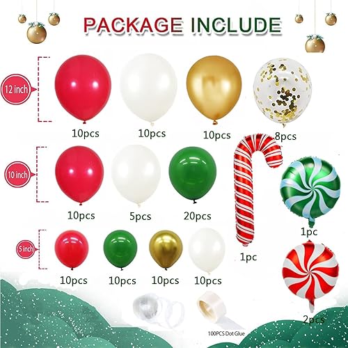 Miniatura 2 de Kit de arco de guirnalda de globos de Navidad, globos rojos, blancos y verdes, globos de papel de aluminio de bastón de caramelo, suministros de