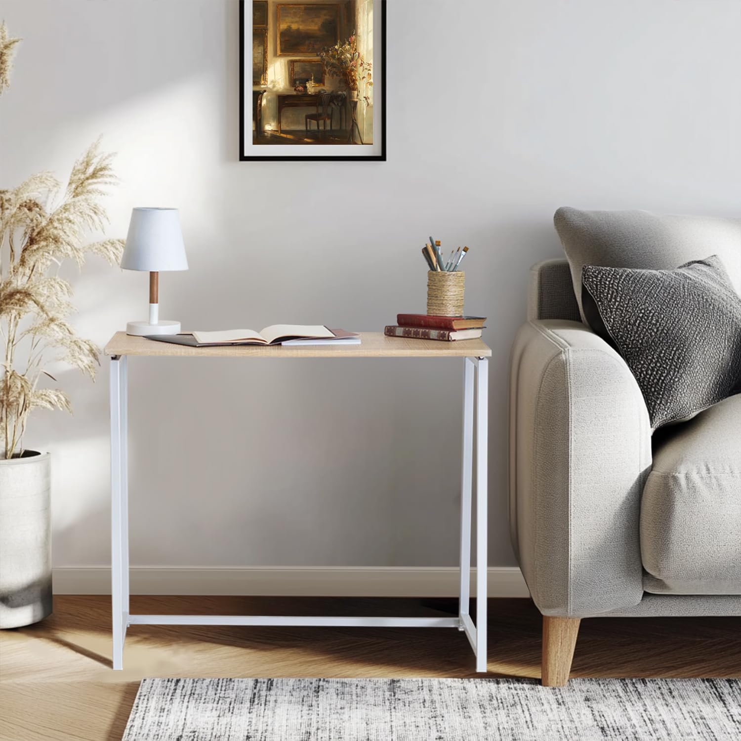 MEUBLE COSY Tavolo Pieghevole Scrivania Portatile Postazione di Lavoro per Computer Soggiorno Ufficio Piccoli Spazi, Facile da Montare, Struttura in Metallo, Rovere e Bianco