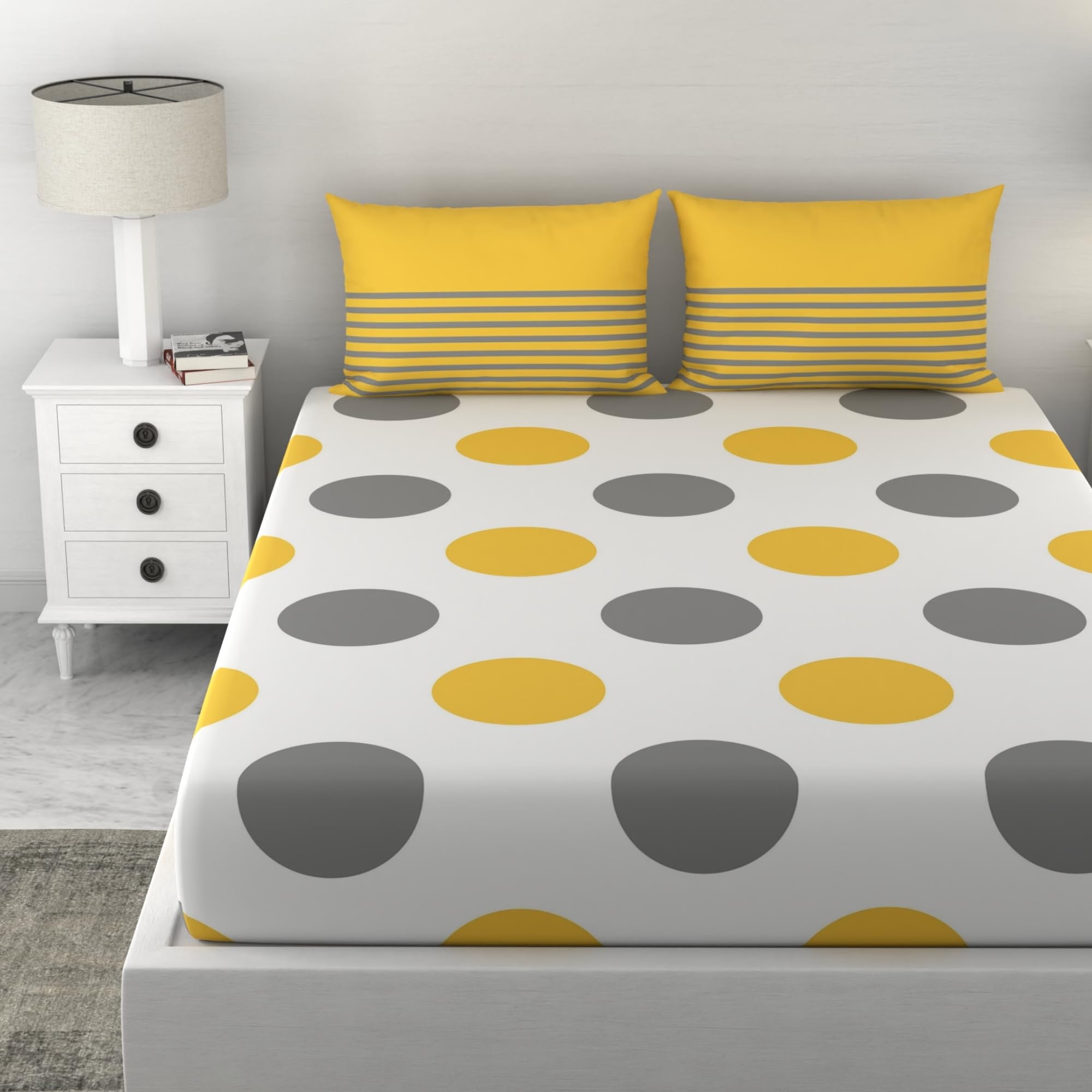 LORETO - A QUALITY LINEN BRAND 100% Cotton Bedsheet for Double Bed, 1 Double Bedsheet with 2 Pillow Covers | 144 TC Double Size Bedsheet Cotton, Yellow and Grey Polka Dots