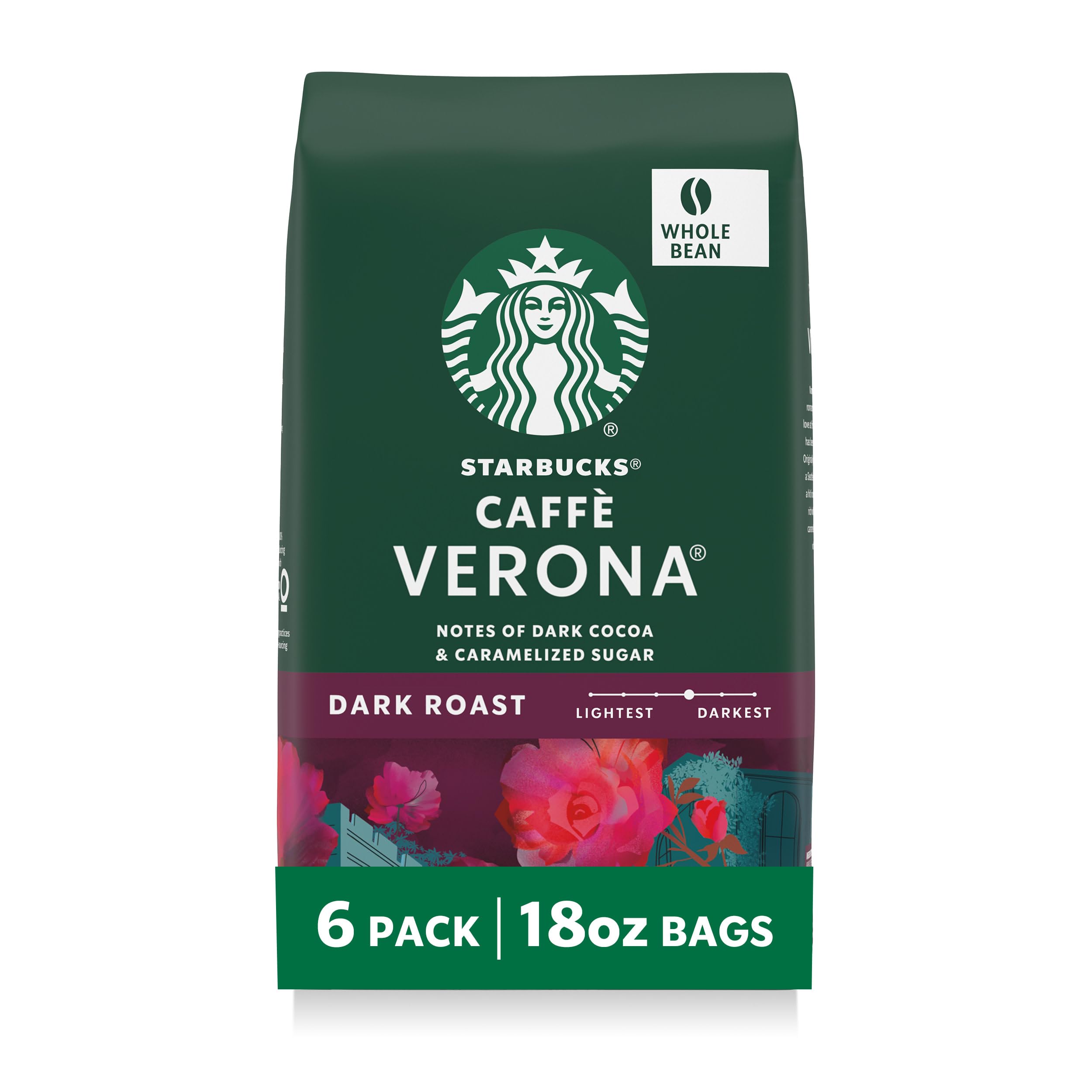 Starbucks Whole Bean Coffee, Dark Roast Coffee, Caffè Verona, 100% Arabica, 6 bags (18 oz each)