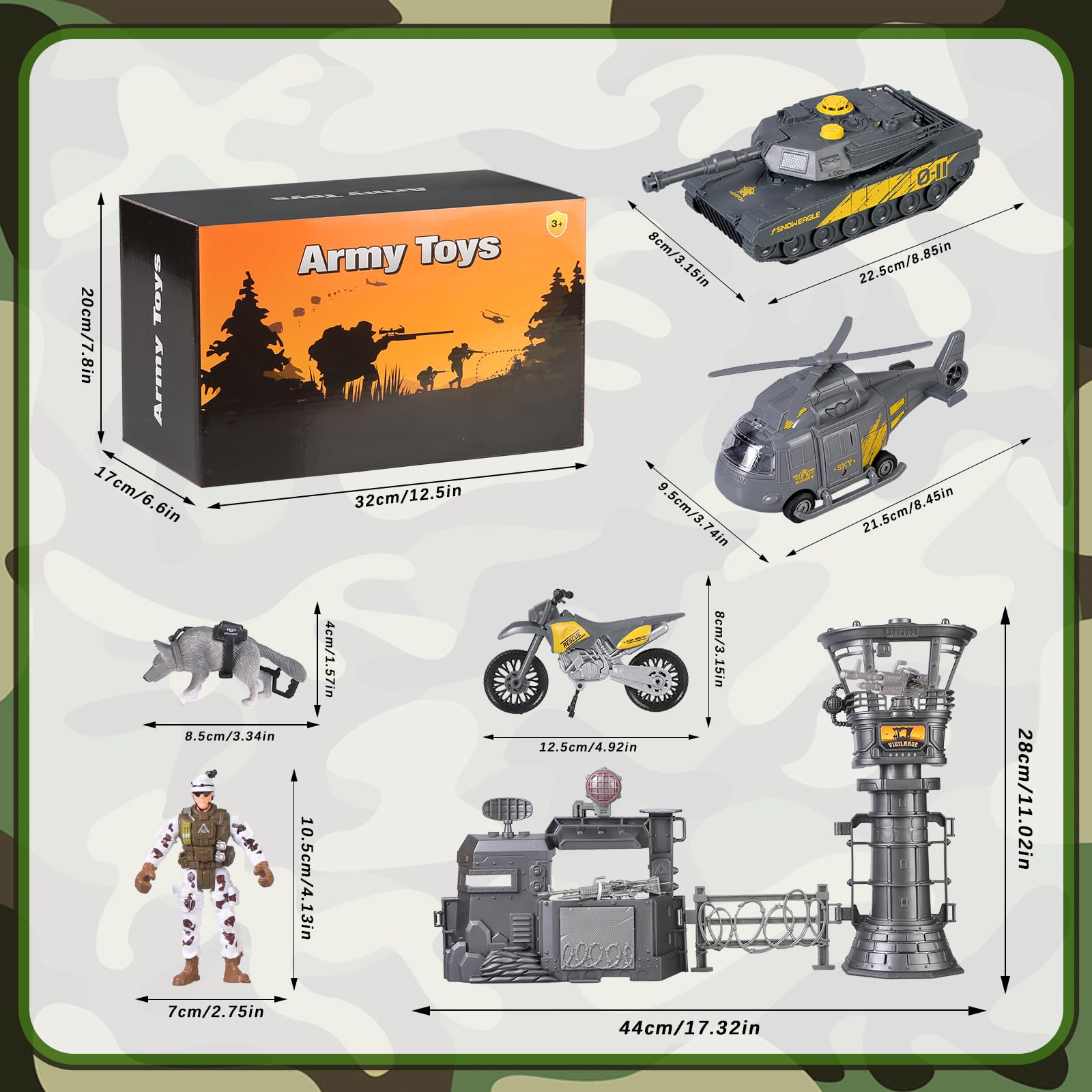 Militare Base Toys Set, Veicoli Militari Elicottero Tank Toys, Esercito Uomini Soldati Action Figure e Arma Gear Accessori Militari Combattimento Moto Giocattoli Regalo per Bambini Ragazzi Età 3+