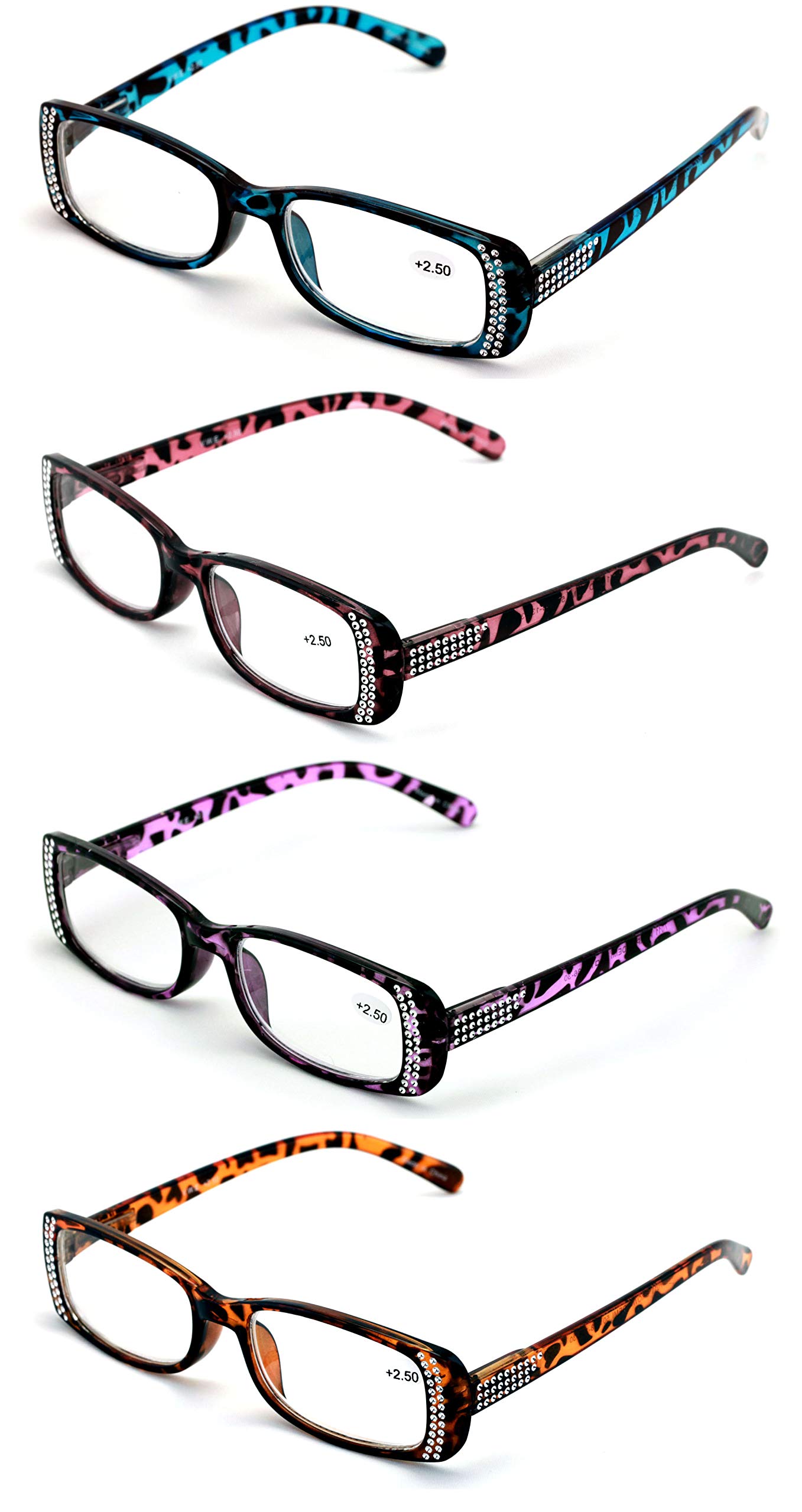 V.W.E. 4 Pairs of Women Rectangular Rhinestones Reading Glasses - Fashion Leopard Clear Lens Readers Demi Tortoise (4 Assorted, 2.00)