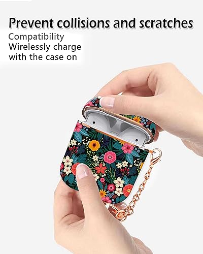 Miniatura 3 de Funda para Airpod 1 y 2 de 2 generación, funda protectora a prueba de golpes con llavero de oro rosa para niñas, mujeres y hombres (flores y hojas