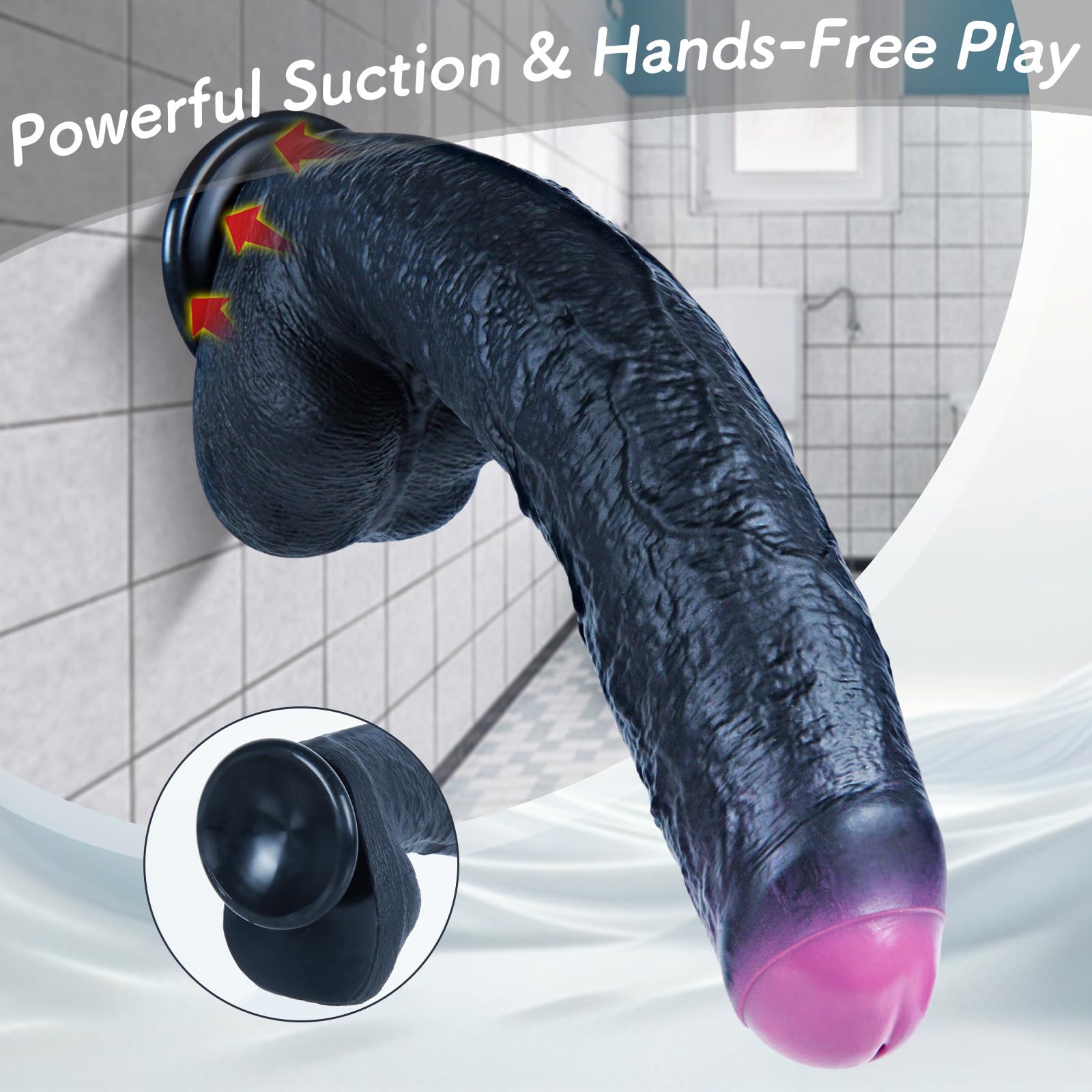 Dildo in silicone effetto pelle con doppia tenuta, diametro 5,9 cm, ventosa, lungo 30 cm, realistico, curvo, nero, non circonciso, extra spesso, gigante, morbido, punto G e plug anale