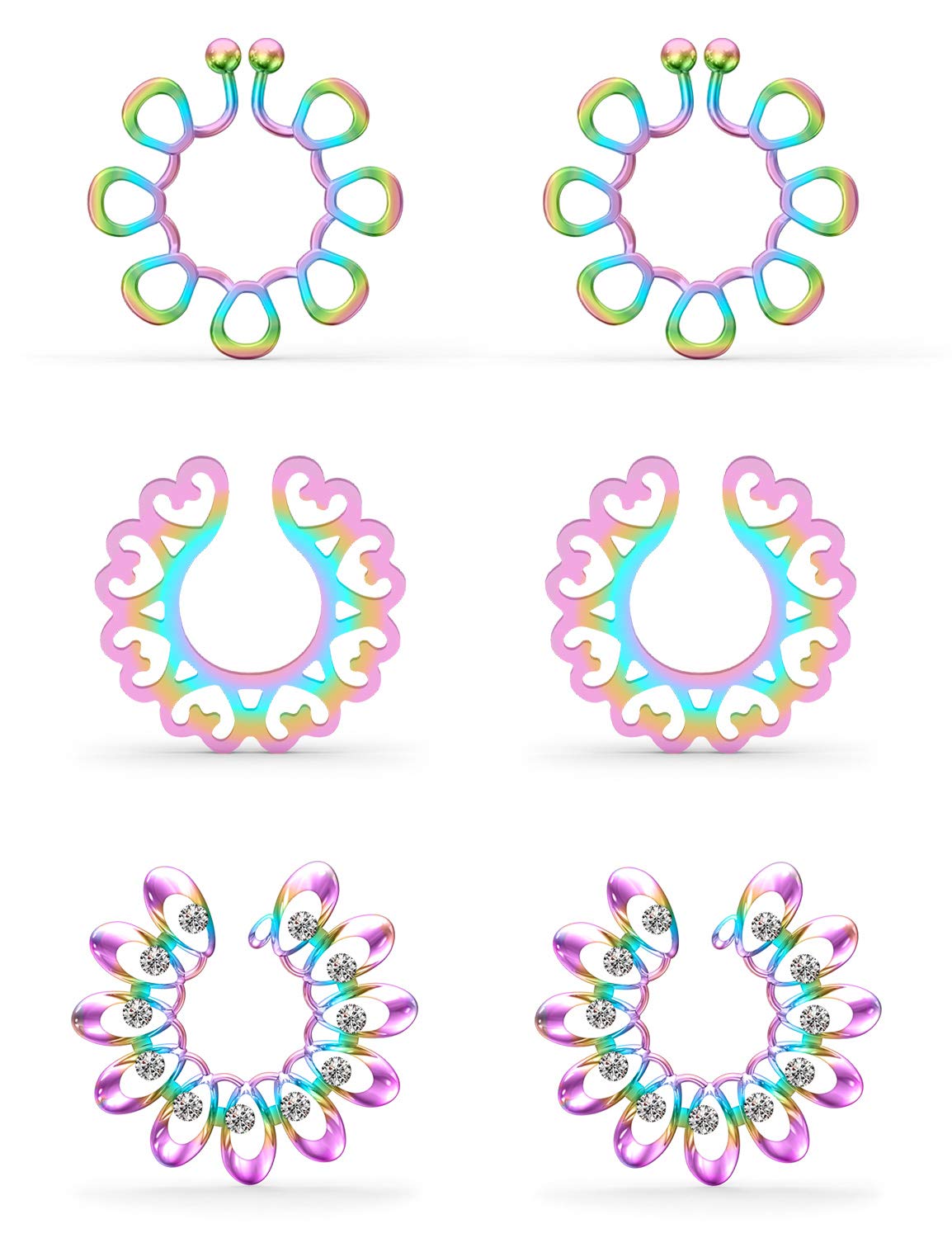 Ftovosyo Hearts/Crystal Tribal Floral/Flower Clip On Non Piercing Nipplerings Women Stainless Steel Fake Nipple Rings Piercing Jewelry 3 Pairs