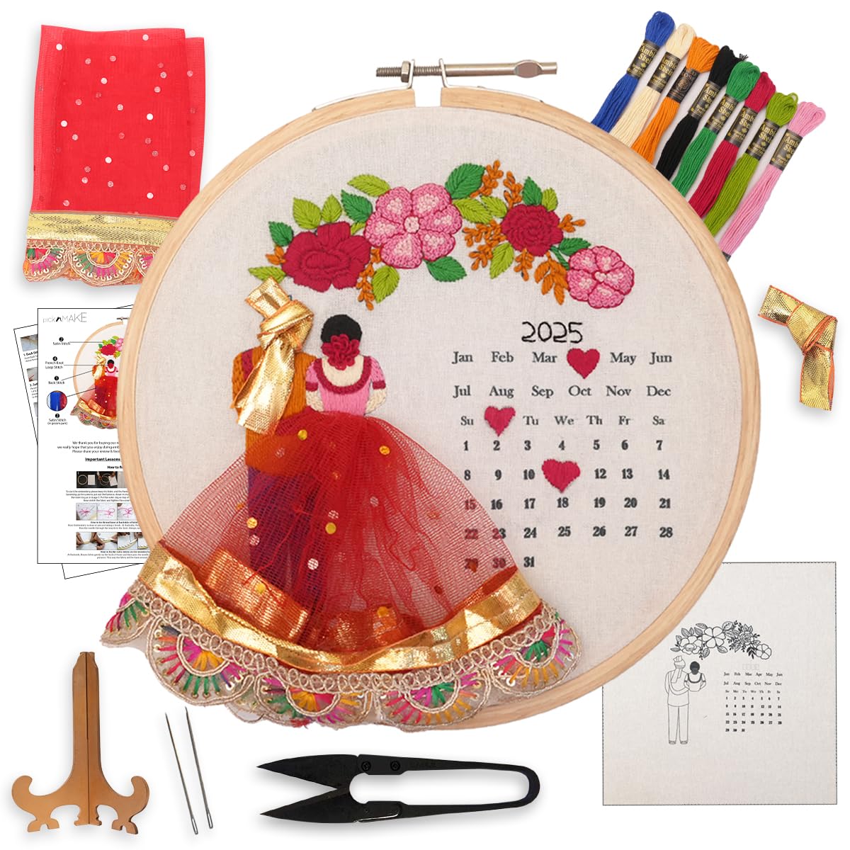 picknMAKE DIY Personalized Wedding Anniversary Embroidery Kit for Beginners, Calendar Hoop Art with 3D Bride & Groom Design, Floral Motifs, and Display Stand – Perfect for Weddings & Anniversaries-image-29