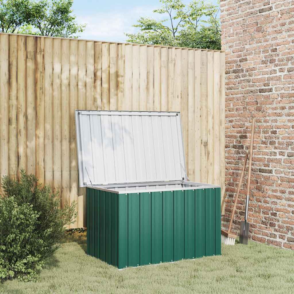 Contenitore da giardino verde in acciaio zincato, 109 x 67 x 65 cm, con coperchio ribaltabile per cuscini e armadietto per attrezzi, per tenere ordine all'aperto