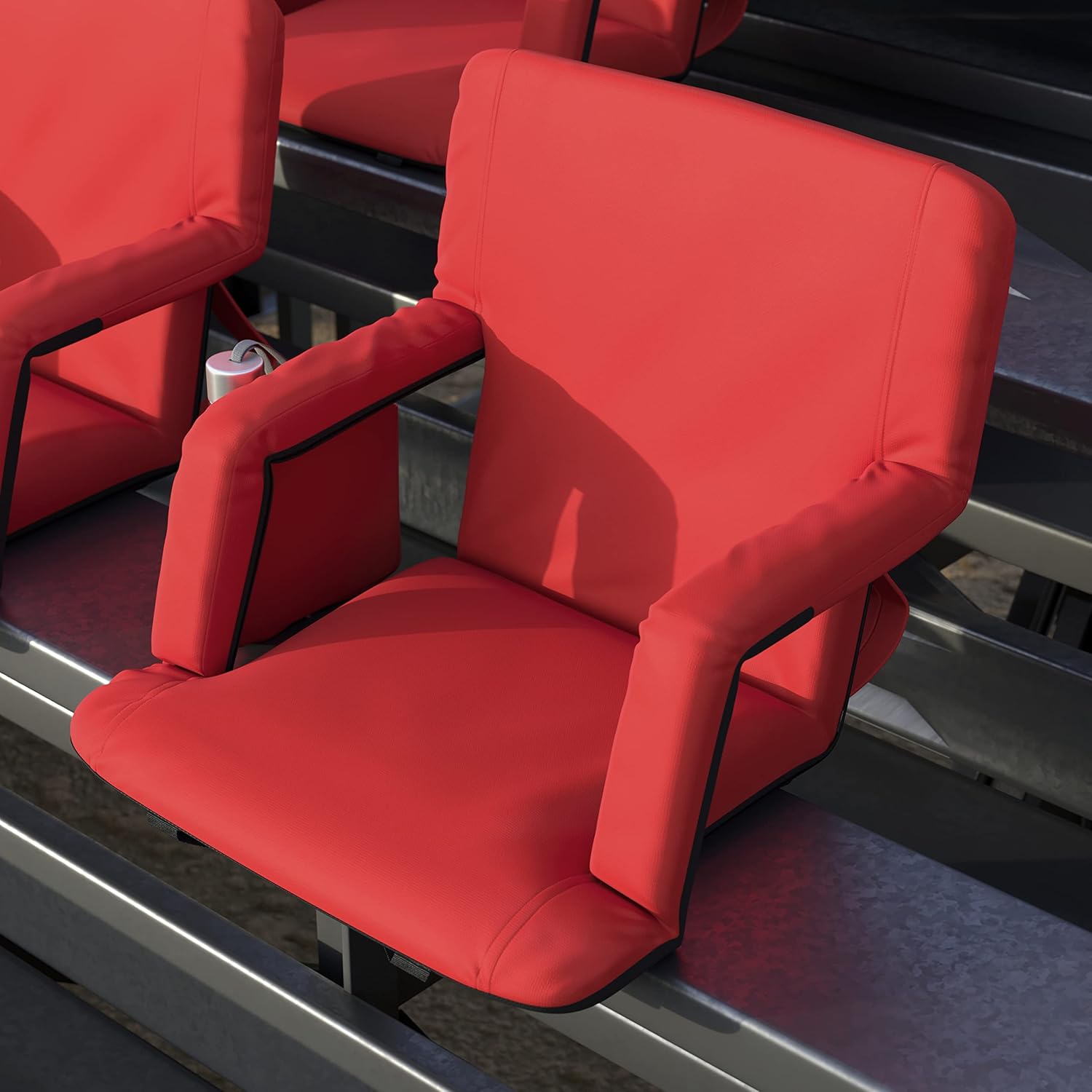 EMMA + OLIVER Folding Stadium Chair with Armrests - Set of 2 - Red Padded Back & Seat - 6 Recline Positions - Backpack Straps - Metal Frame - Storage Pockets