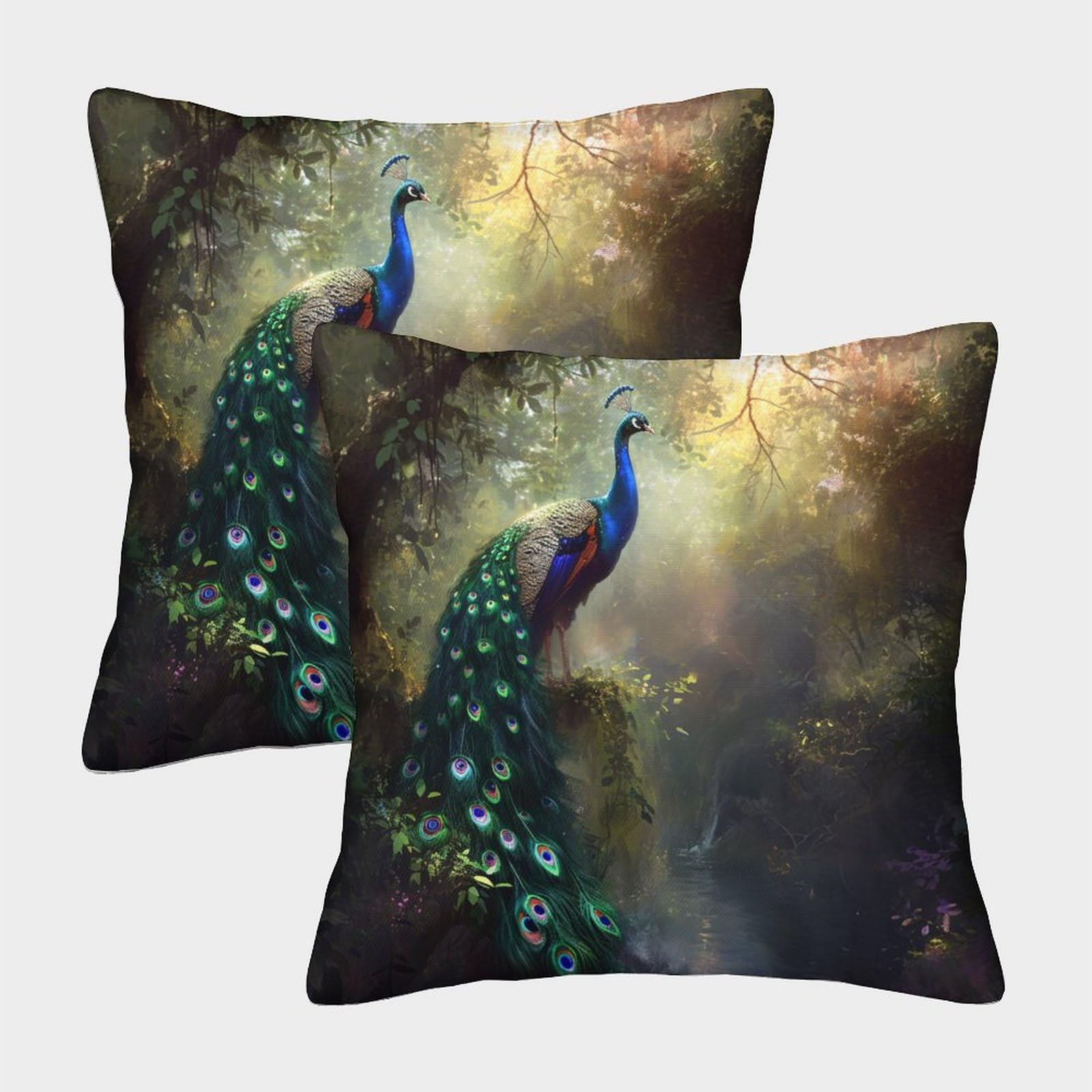 PFYWZJDDTTBD Square Decorative Peacock Throw Pillow Cases Cushion Covers 2 Pcs Plush Home Decorative for Bedroom Sofa Chair Invisible Zipper 50x50cm