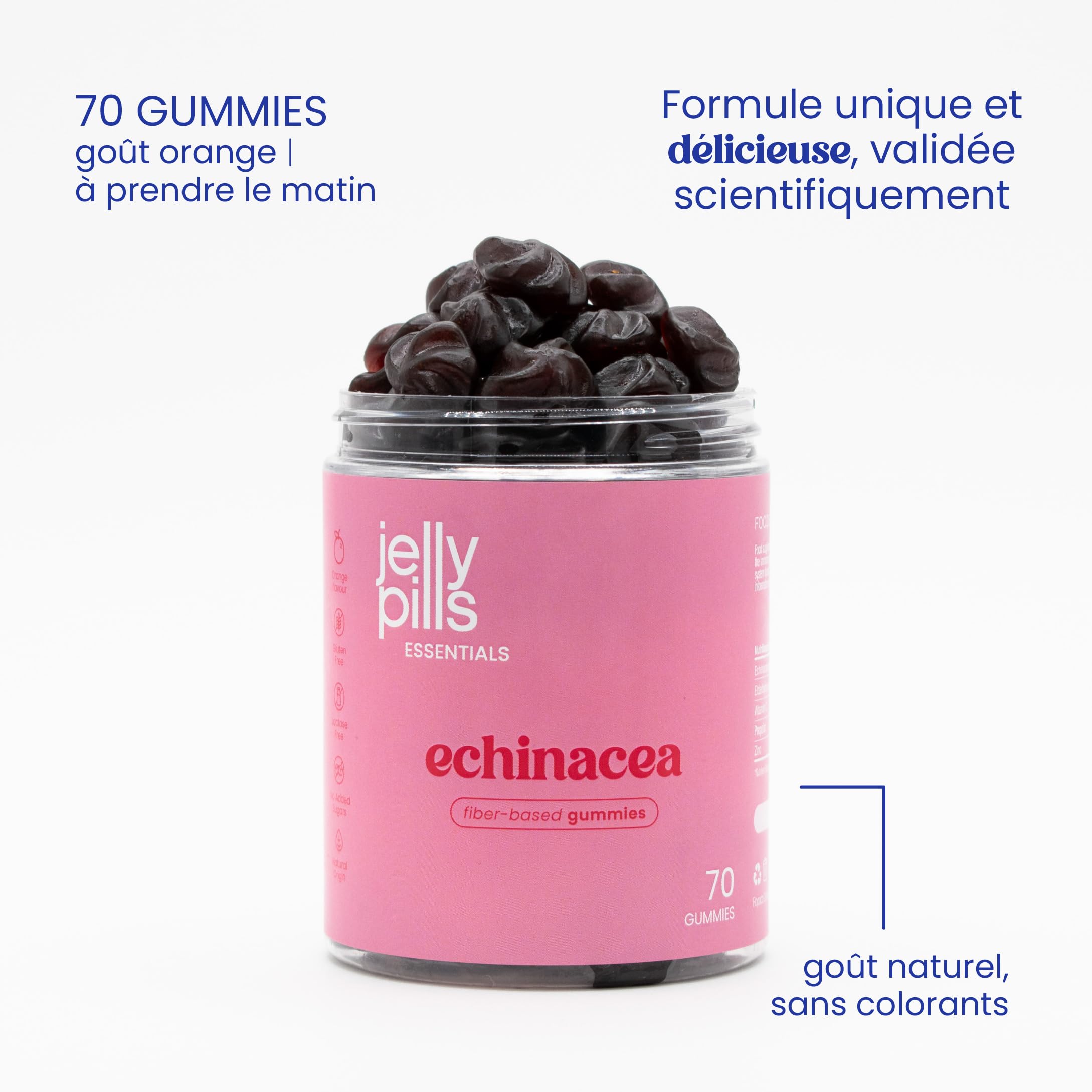Jelly Pills Gummies Échinacée avec Vitamine C et Zinc - 70 Gummies Véganes - Sans Sucres Ajoutés - Goût Orange - Système Immunitaire