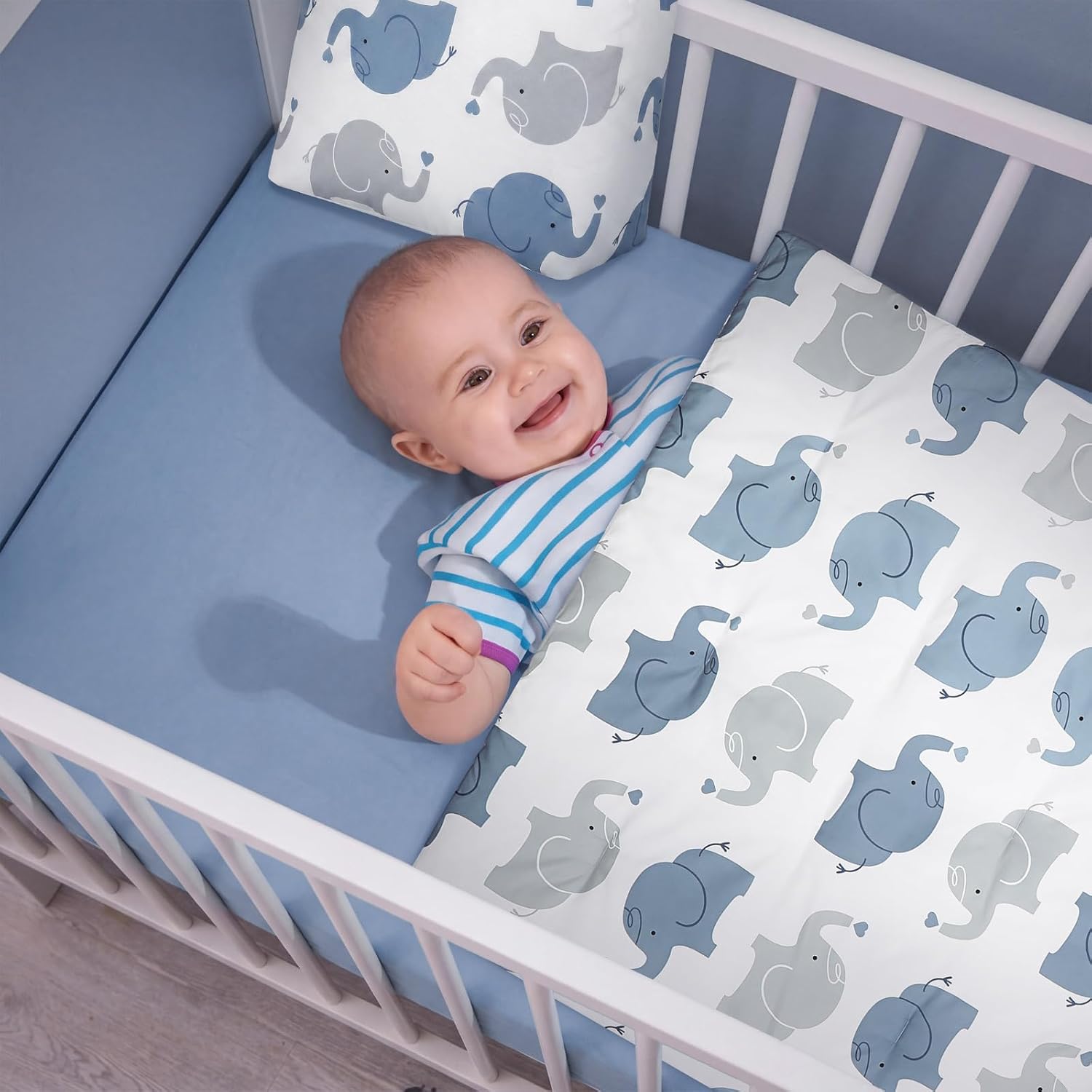 Oudain 4 Piece Elephant Crib Bedding Set Baby Nursery Elephant Bedding with Crib Skirt Blanket Nursery Bed Sheet and Diaper Stacker Soft Neutral Infant Bed Set Standard Size for Boys Girls Shower Gift
