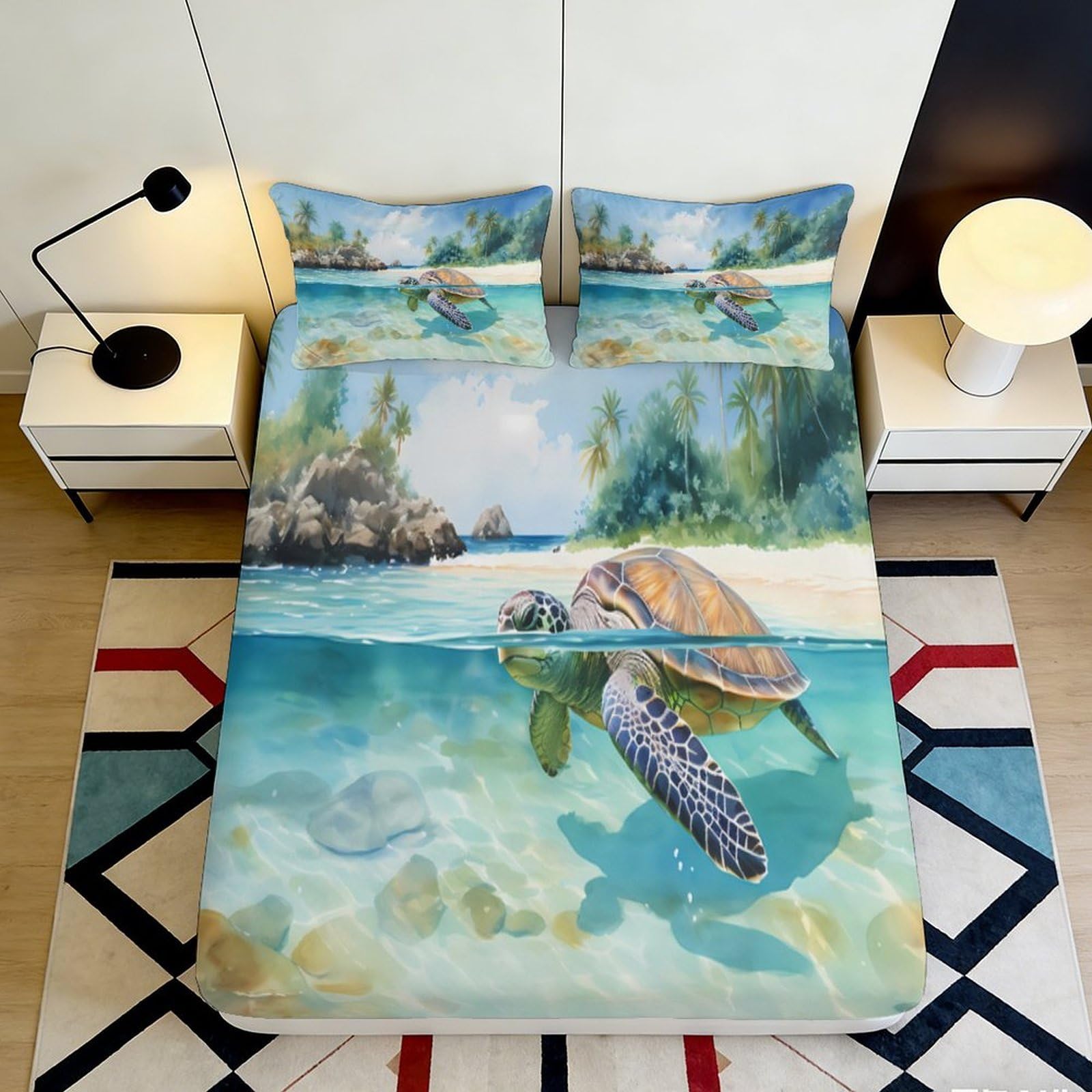 3D Printed Tropical Sea Turtle Fitted Sheet Microfiber Soft Anti-slip Beach Island Bed Cover for Bedroom Dorm Decor 90x200x25cm