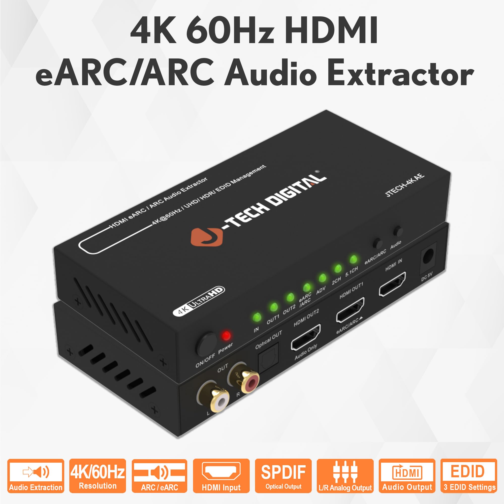 J-Tech Digital Estrattore audio 4K HDMI eARC/ARC, 4K 60Hz HDMI a ottico + RCA L/R, convertitore audio DAC da digitale ad analogico per console di gioco Blu-Ray laptop HDTV [JTECH-4KAE]