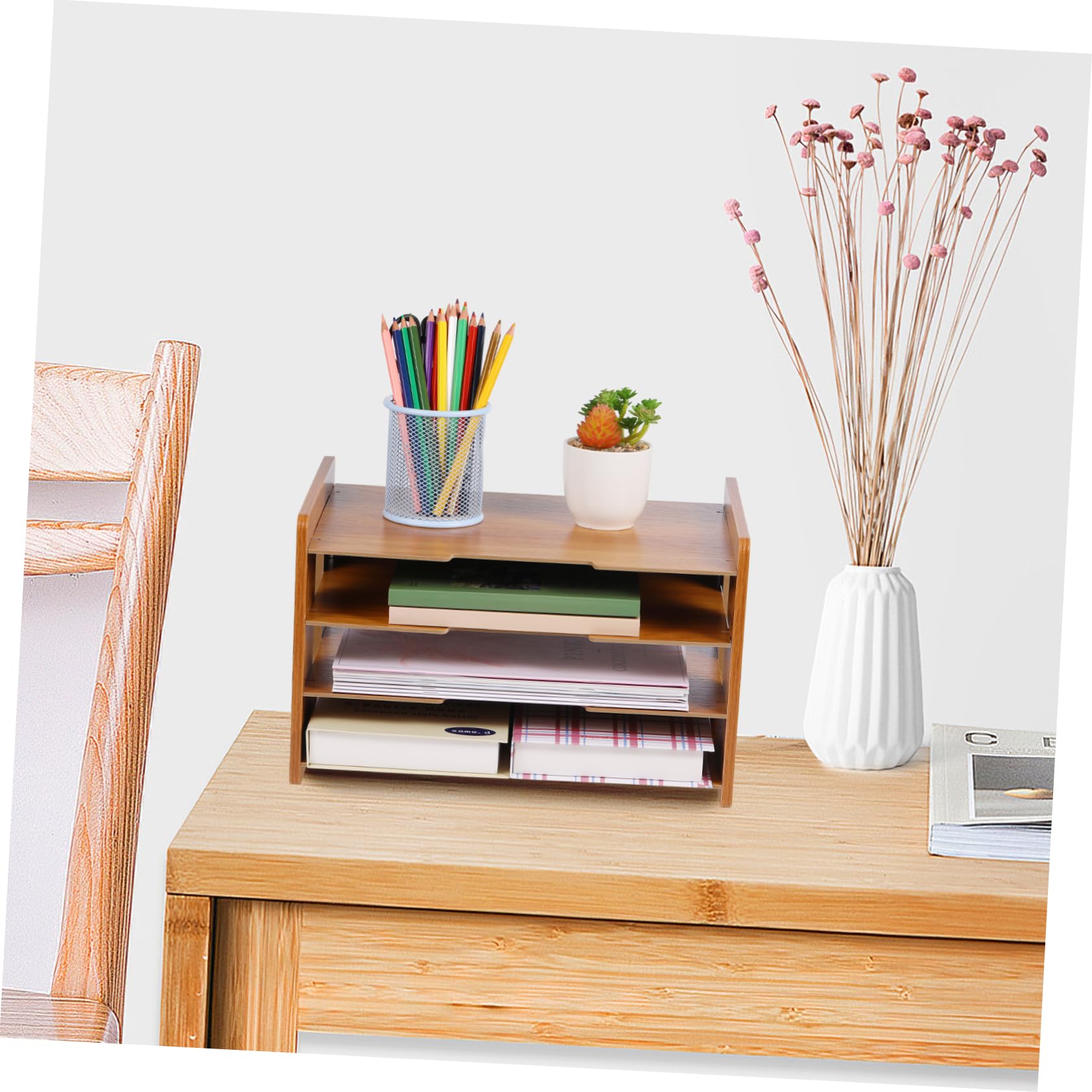 DOITOOL Organizador de Bandejas de Papel de 4 Capas en Madera | Diseño Vertical Marco, Estructura de Clasificación, Estable y Compacto para Escritorio y Hogar