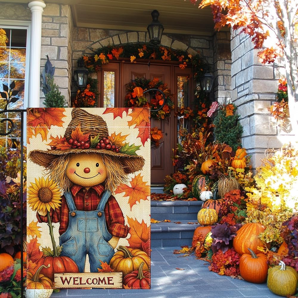 Fall Pumpkin Scarecrow Garden Flag for Outside 12x18 Inch Double Sided Burlap Welcome Autumn Thanksgiving Maple Leaf Sunflower Flowers Farmhouse Holiday Rustic Outdoor Yard Flag Home Decorations - Image 2