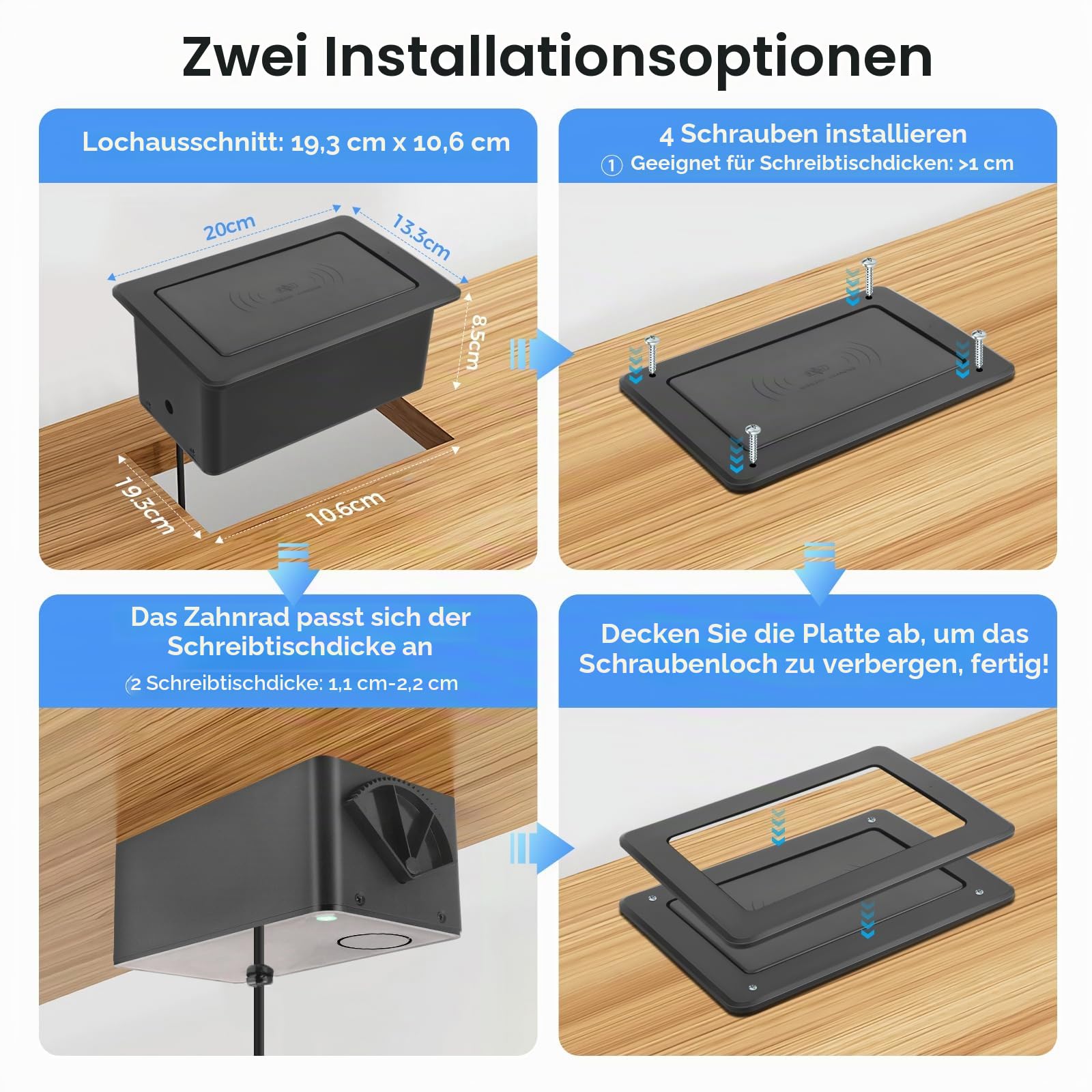 Einbausteckdose Arbeitsplatte mit USB C PD 20W und 15W versenkbare Einbausteckdose mit kabellosem Ladegerät - versenkbare Tischsteckdose - für Arbeitsplatte, Sofatisch, Haus