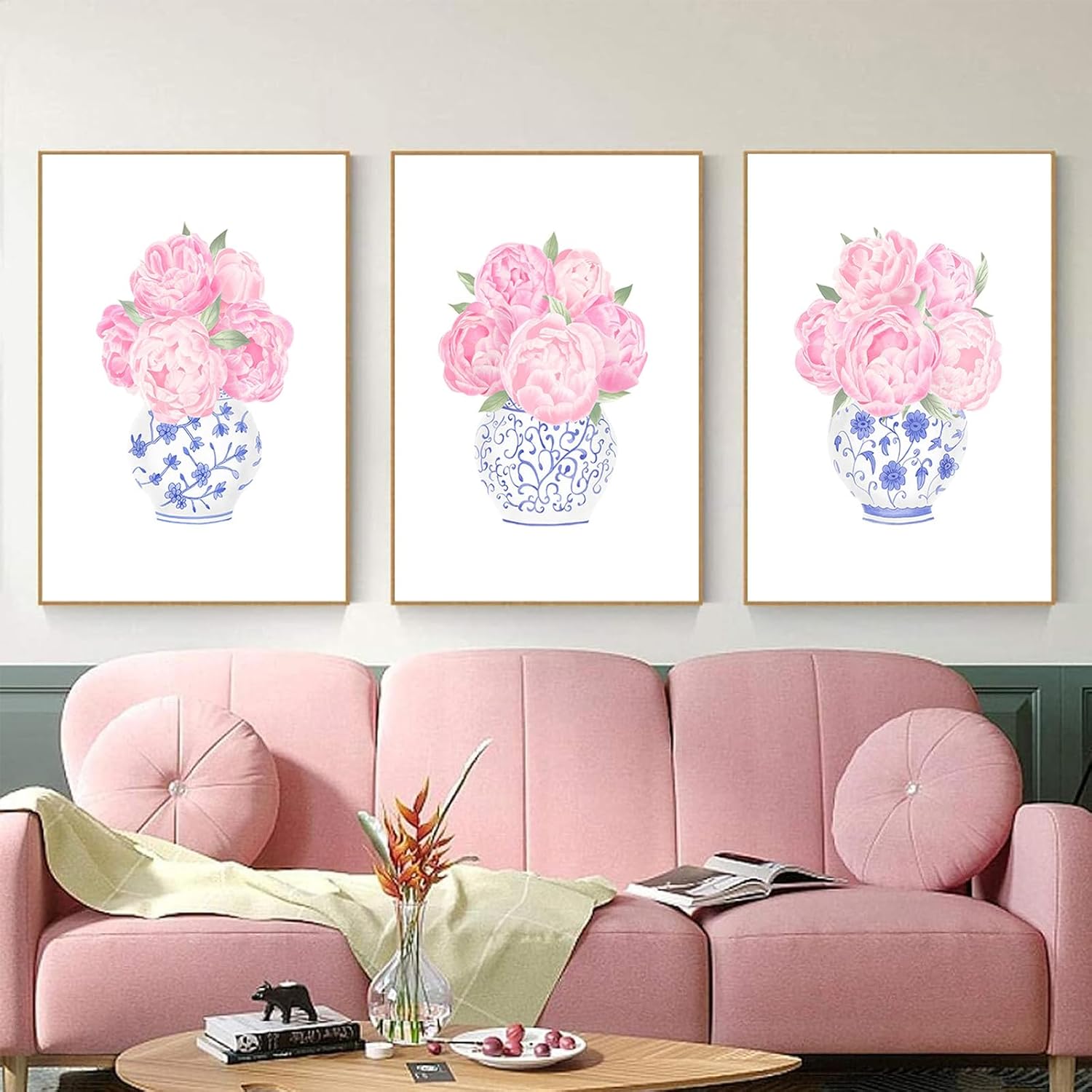 3pcs Pink Peonies Floral Wall Art Chinoiserie Blue And White Vase Wall Decor Pictures Preppy Aesthetic Canvas Posters Prints for Dorm Apartment Woman Bedroom Decoration Unframed (Posters, 16x24in)