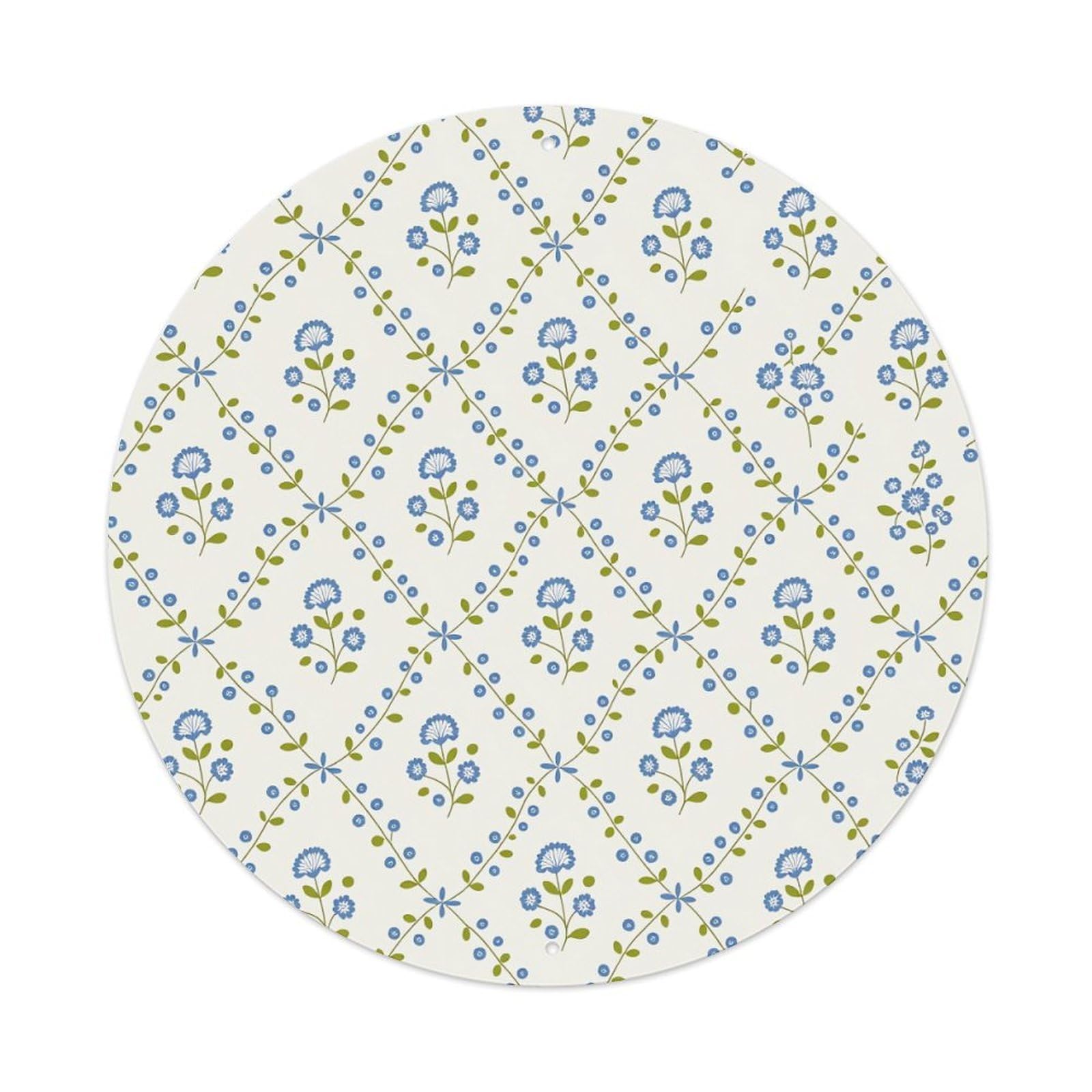 Blue Flowers Green Leaves Diamond Pattern Background Round Vintage Tin Sign,Retro Wall Art,Metal Poster for Home, Bar, Garage, Cafe, Rustic Indoor & Outdoor Decor, 8x8 Inches