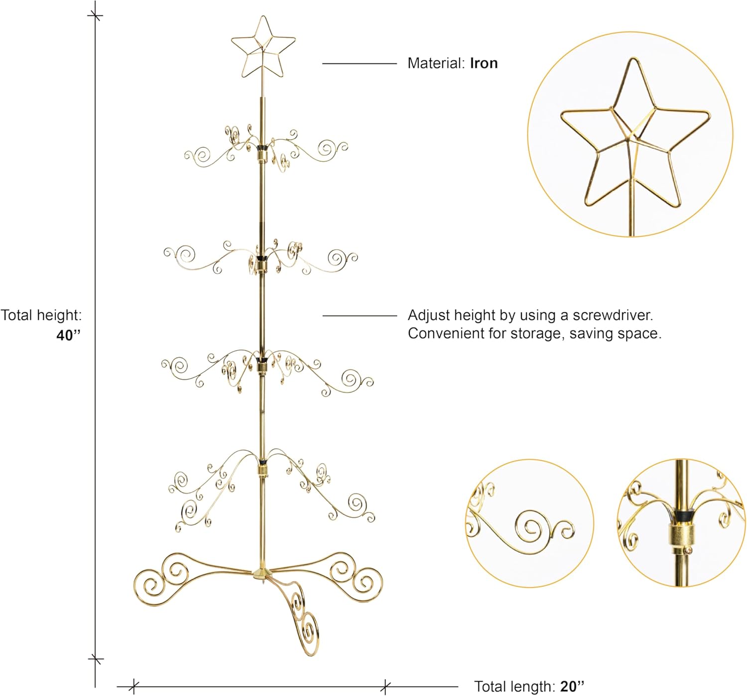 HOHIYA 3 Ft Wrought Iron Ornament Display Stand 56-Hook Metal Christmas Tree Alternative for Ornaments Glass Baubles Halloween Year-Round Displays Rack for Tabletop Taiwan Made Gold