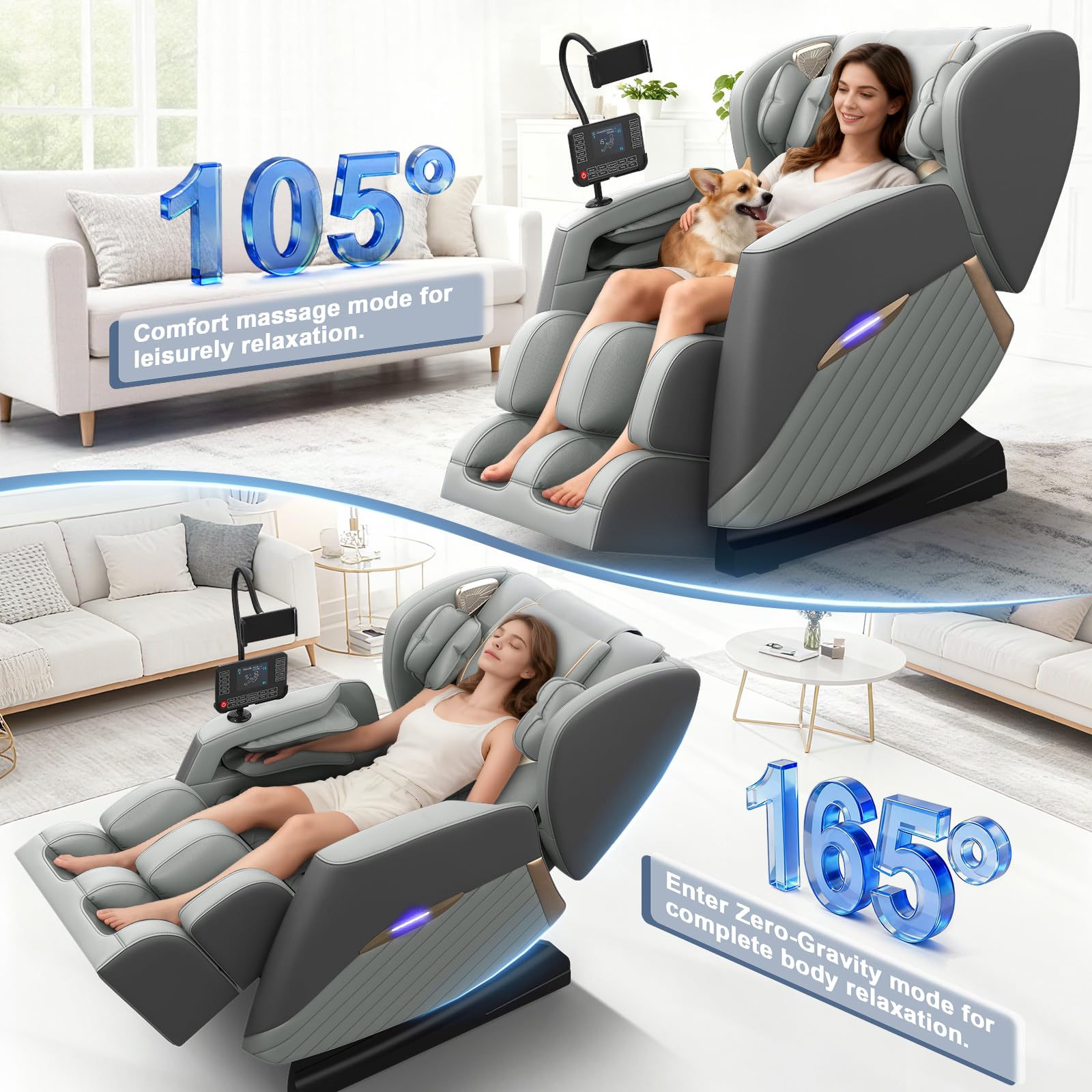 Poltrona massaggiante, modalità Zero Gravity, con 16 punti massaggio e 8 airbag, riscaldamento lombare, massaggio polpacci con rulli e airbag, altoparlante Bluetooth, telecomando touchscreen