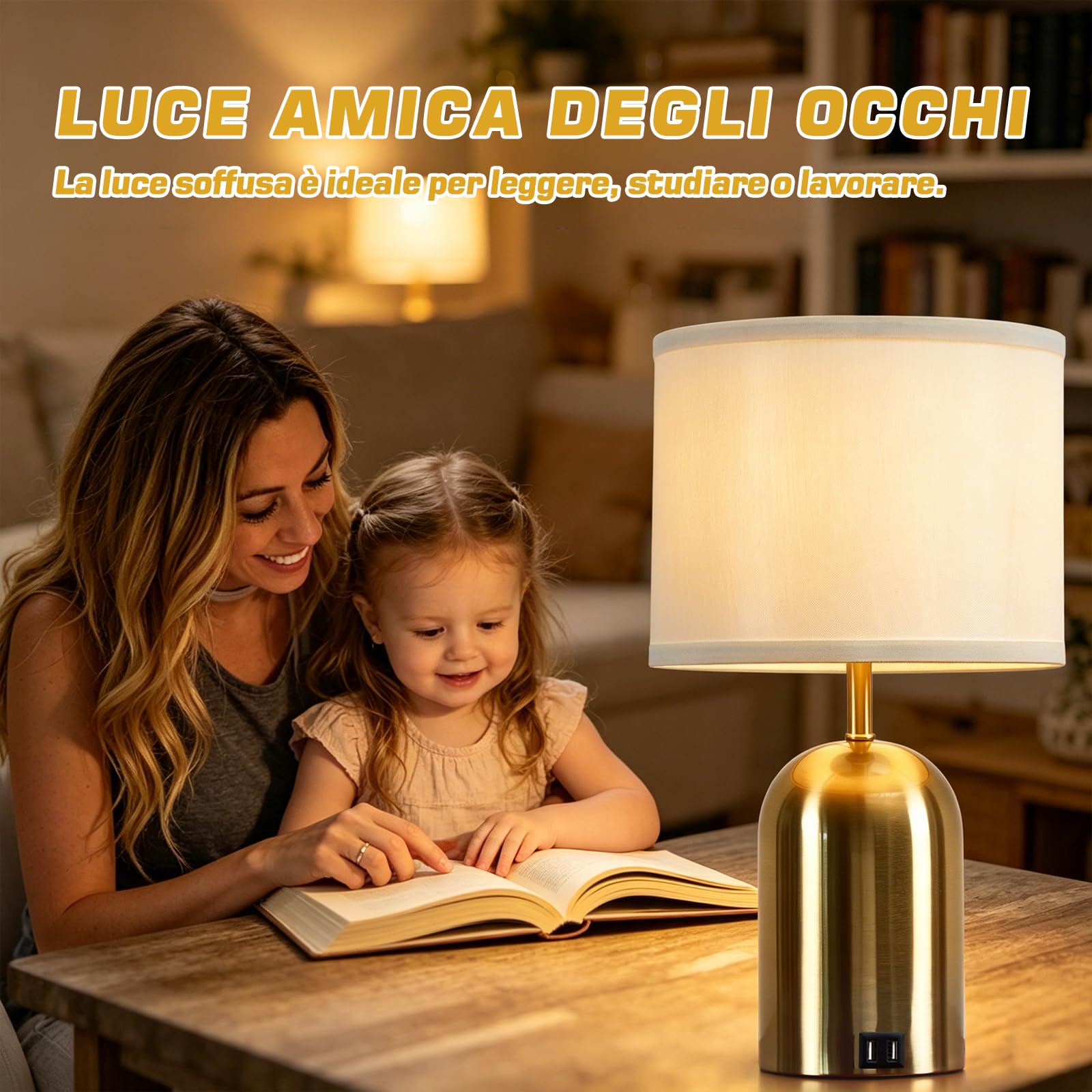 GyroVu Lampada da comodino con porta USB, lampada da tavolo con controllo touch per camera da letto, dimmerabile a 3 livelli, lampada moderna con paralume in tessuto e base dorata per soggiorno