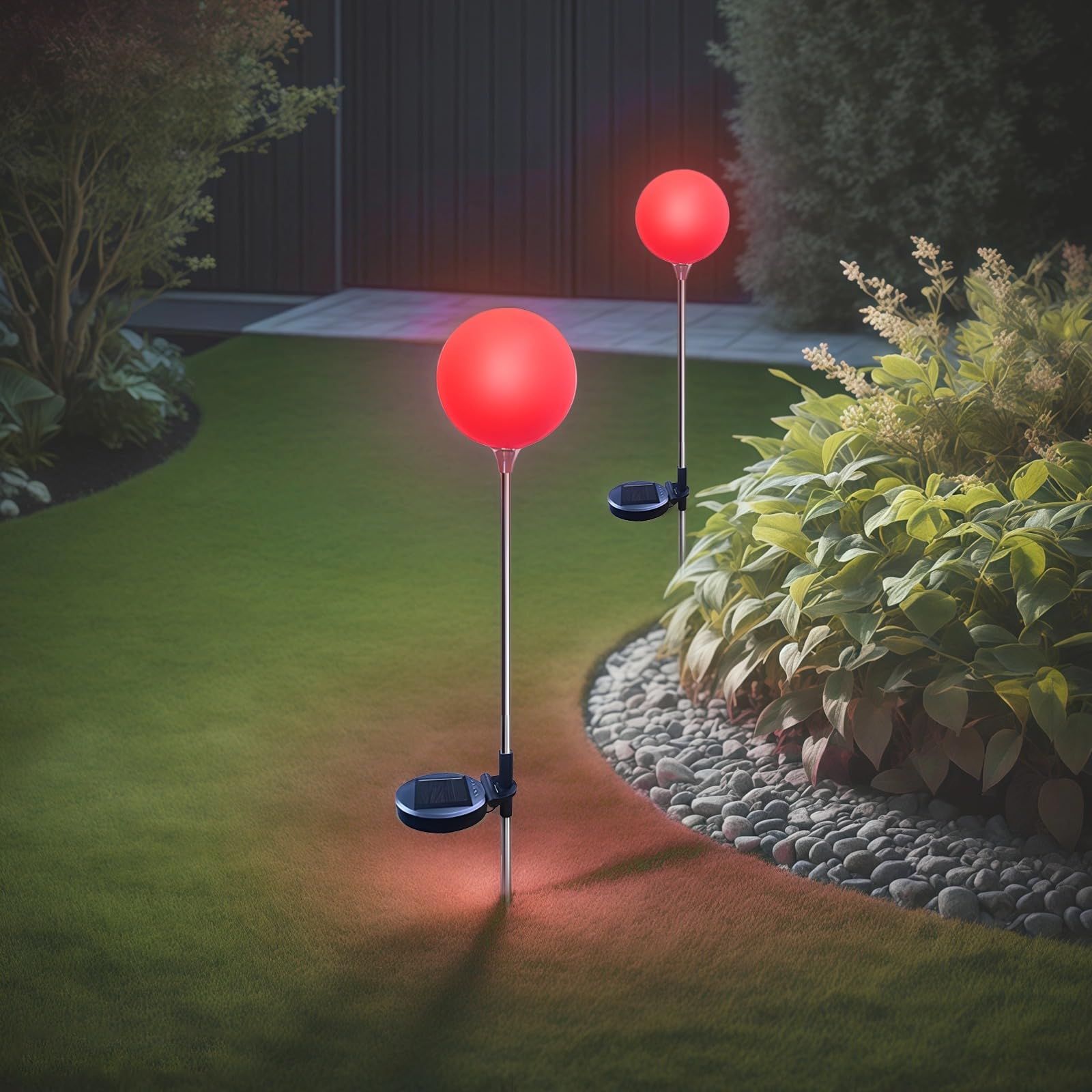 2 szt. zewnętrznych lamp solarnych, konstrukcja kuli, wodoodporna, łatwa w instalacji palika gruntowego, dekoracyjna lampa ogrodowa na trawnik, czerwone