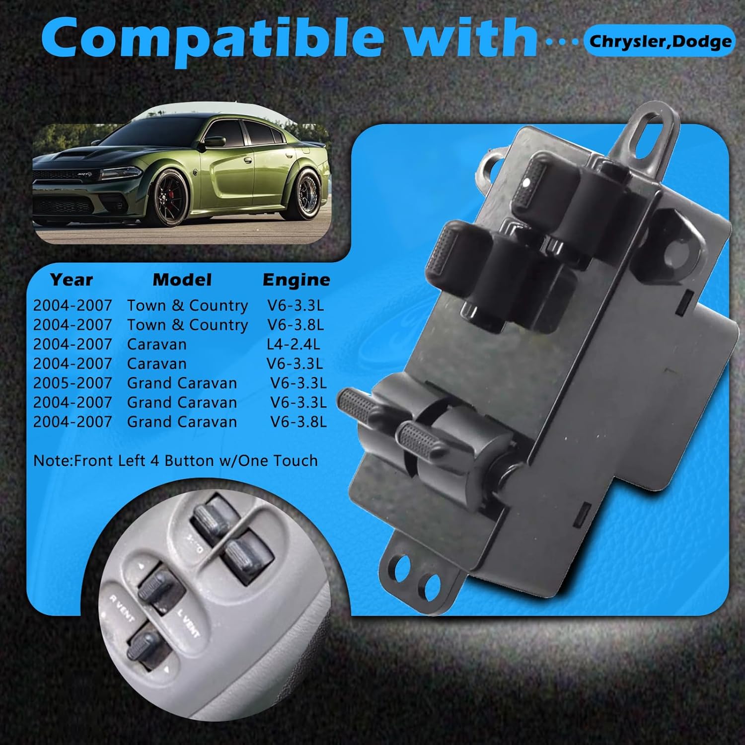 Front Left Driver Side Master Control Button Power Door Window Switch Compatible with Chrysler 04-07 Town & Country - for 04-07 Caravan Grand Caravan Replaces 4685732AC (2004 2005 2006 2007)