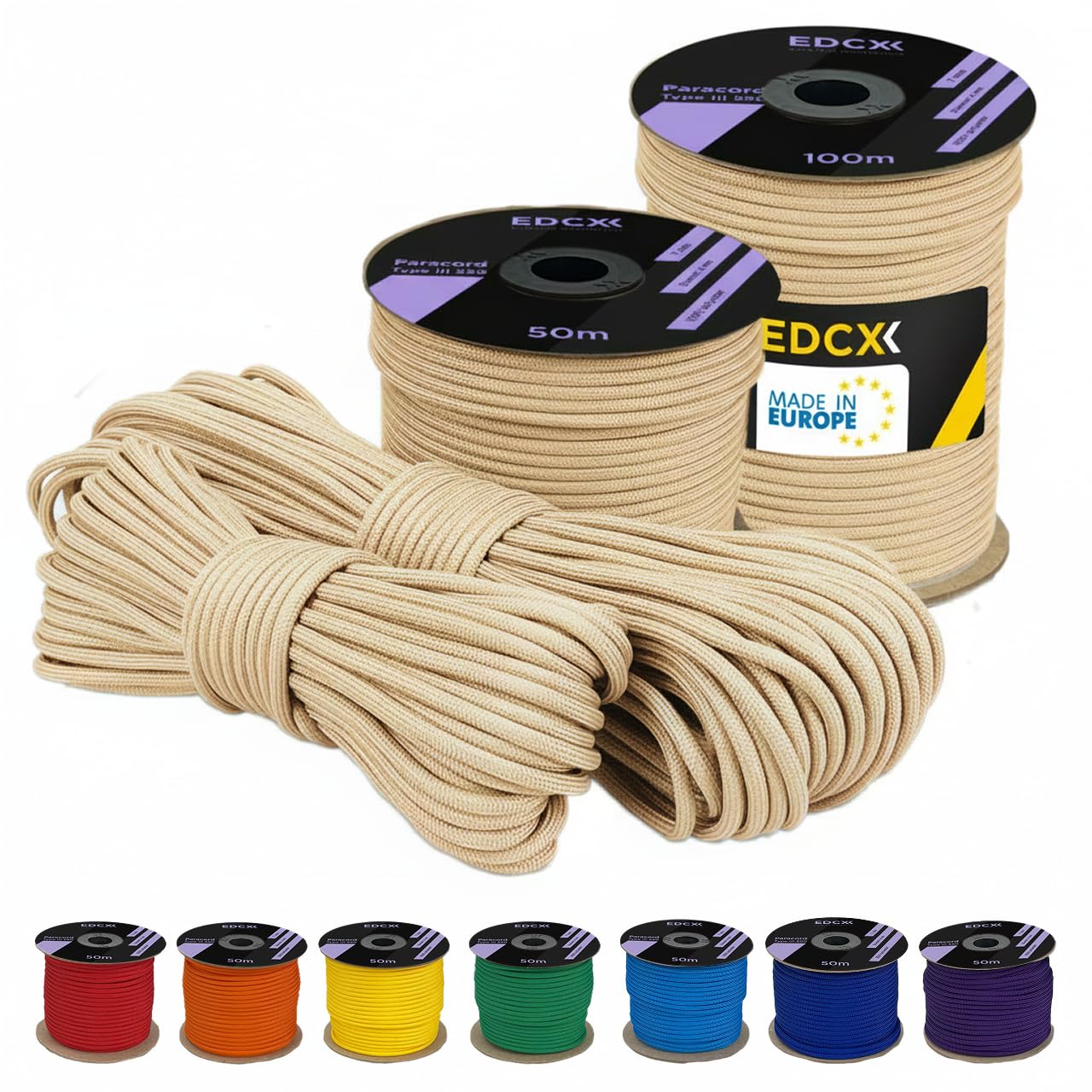 4 mm Polyester Paracord 550 (15, 30 et 50 m) – 4 mm Type III, Corde de Parachute résistante à la déchirure pour la Survie 100% Polyester avec 7 Fils | Couleurs Unies