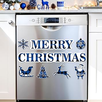 Blue Black Plaid Christmas Dishwasher Magnetic Decorations Merry Christmas 6pcs Snow Santa Xmas Dishwasher Cover Magnetic Stickers for Kitchen Refrigerator Magnets Garage Locker Metal Door Car Decor