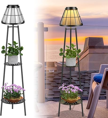 Miniatura 8 de Paquete de 2 lámparas solares de pie de metal de 45.4 pulgadas, luces solares impermeables con 2 soportes para plantas, soporte de plantas para