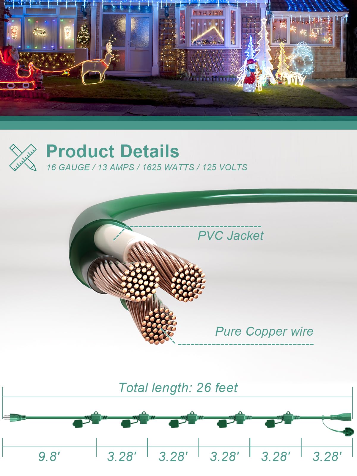 Verlängerungskabel für den Außenbereich mit mehreren Steckdosen, grünes Weihnachtslicht-Verlängerungskabel, 6 gleichmäßig verteilte Stecker, 16/3 SJTW-Kabel