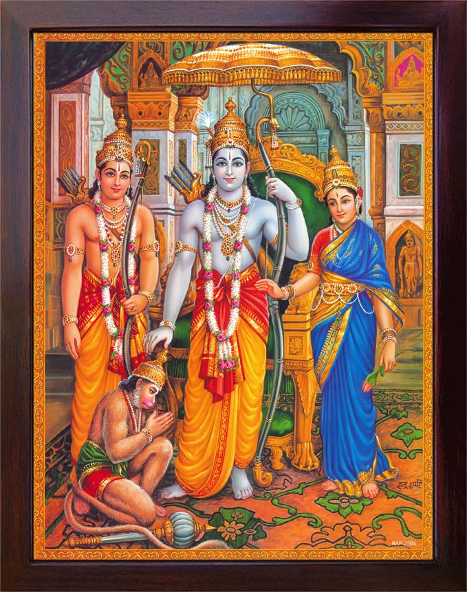 SANVIKA Hanuman Showing His Humbleness in Ram Darbar and Mata Sita Giving Blessings. A Holy Religious Poster Painting with Frame for Hindu Worship Purpose (COL1)