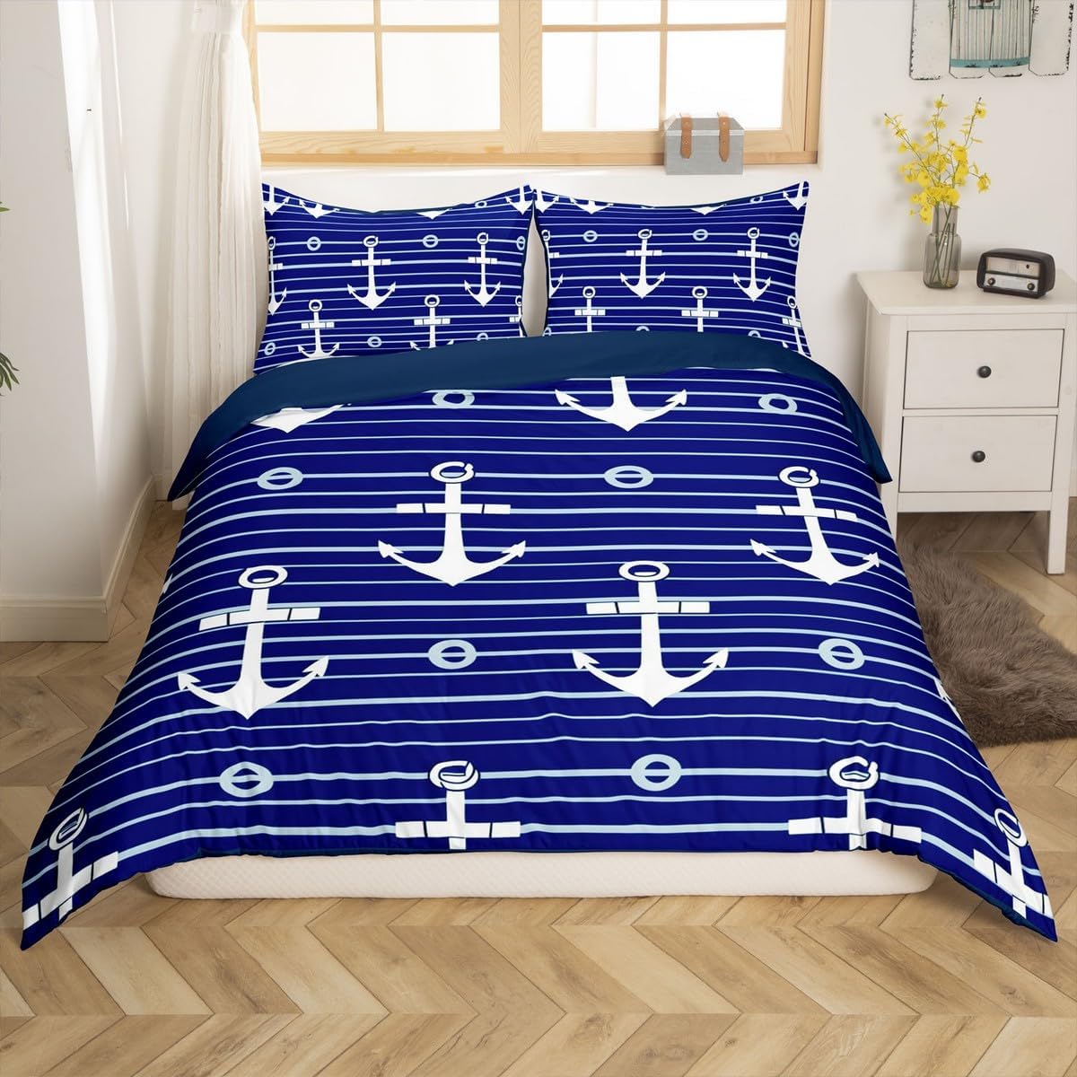 jejeloiu Nautical Anchor Duvet Cover Ocean Adventure Themed Bedding Set Toddler Size for Kids Boys Girls Teens Room Decor Summer Anchor Comforter Cover,No Comforter