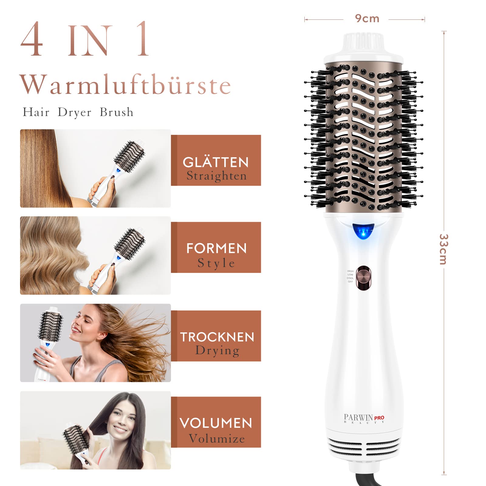One-Step Szczotka do Ciepłego Powietrza, PARWIN PRO BEAUTY 4 w 1 Owalny Volumizer do Suszenia, Wygładzania, Tworzenia Objętości i Stylizacji, Pielęgnacja Jonowa, 1000 wat, Biały