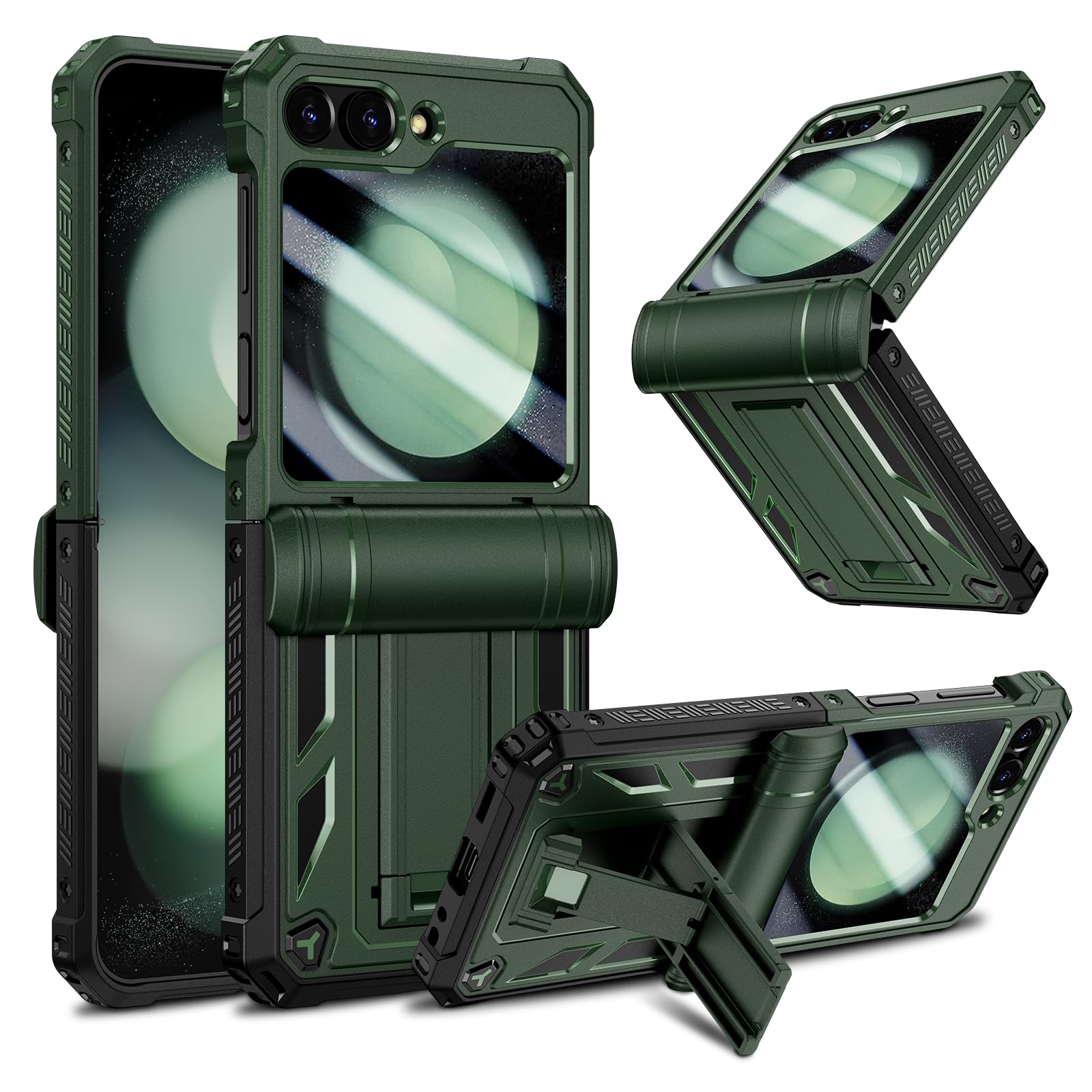 HWeggo for Samsung Galaxy Z Flip 5 Case with Built-in Tempered Glass Outer Screen Protector＆Hidden Kickstand, Hinge Protection,Anti-Scratch Shockproof Protective Cover,Green