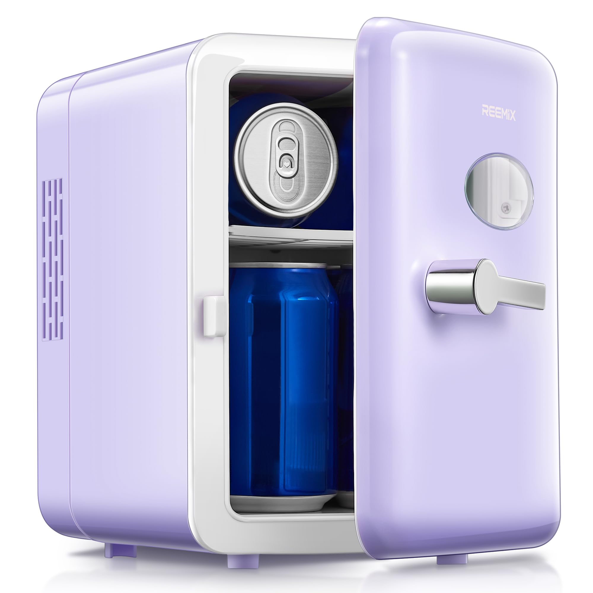 Reemix Mini Fridge, 4L/6 Cans Retro Portable Cooler For 120V Home & 12V DC Car Use, Skincare Fridge for Bedroom, Car, Office, Dorm (Purple)