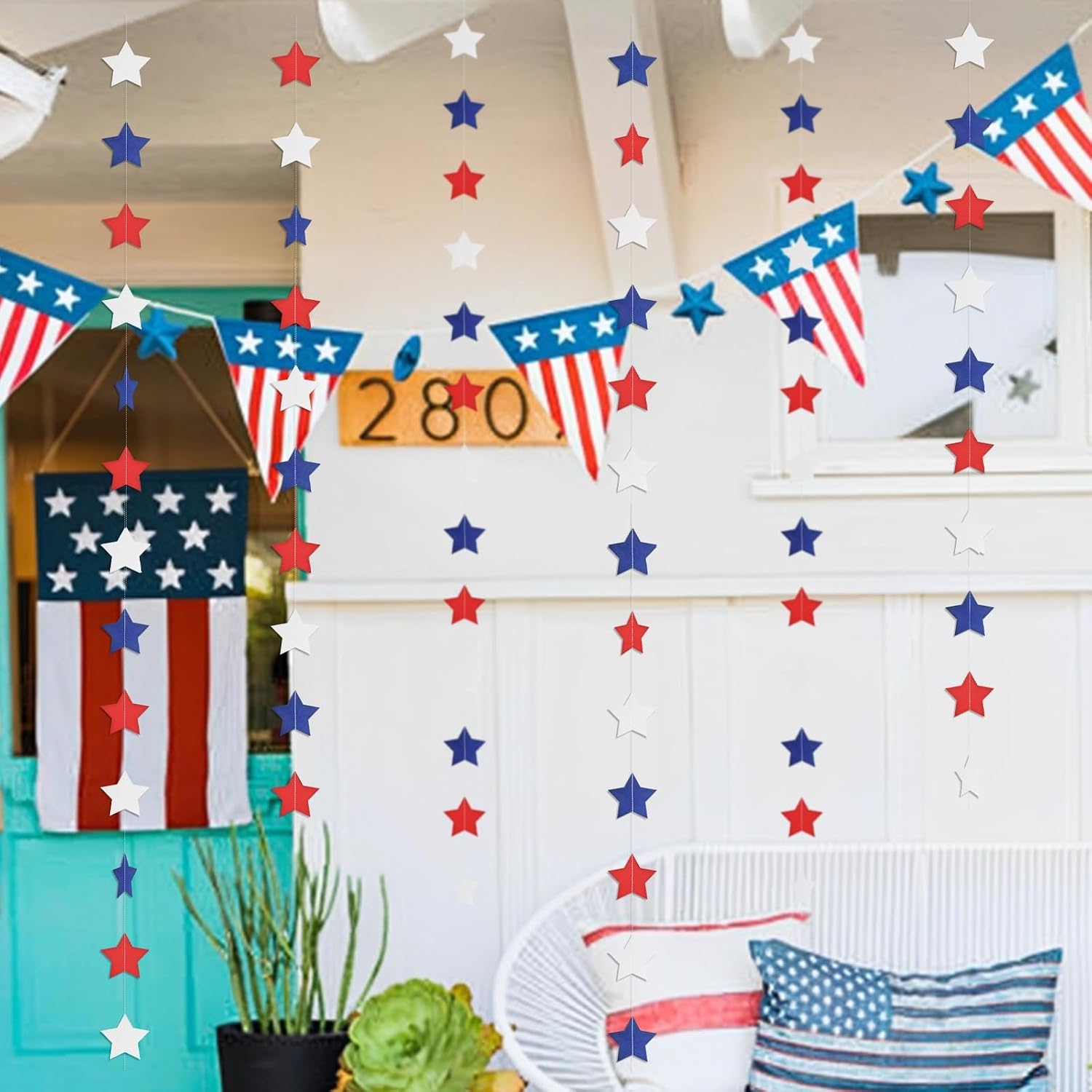 6 Pack 9.8FT Patriotic Star Garland – No DIY Needed, Red White Blue Hanging String Banner for 4th of July, Memorial Day, Independence Day, Veterans Day, Party Decorations